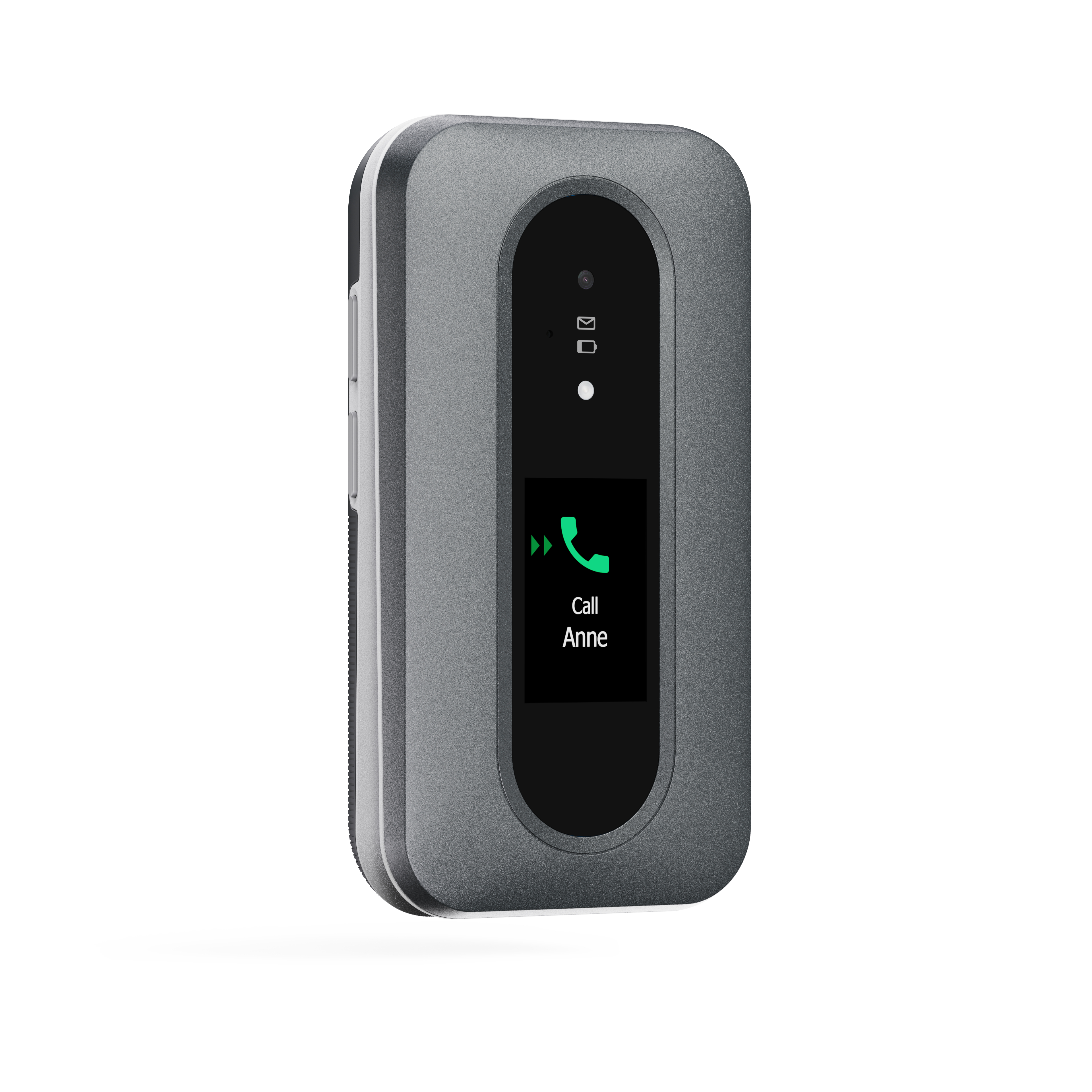 Ein graues Telefon, das 'Call Anne' und ein Telefonsymbol auf dem Bildschirm zeigt.