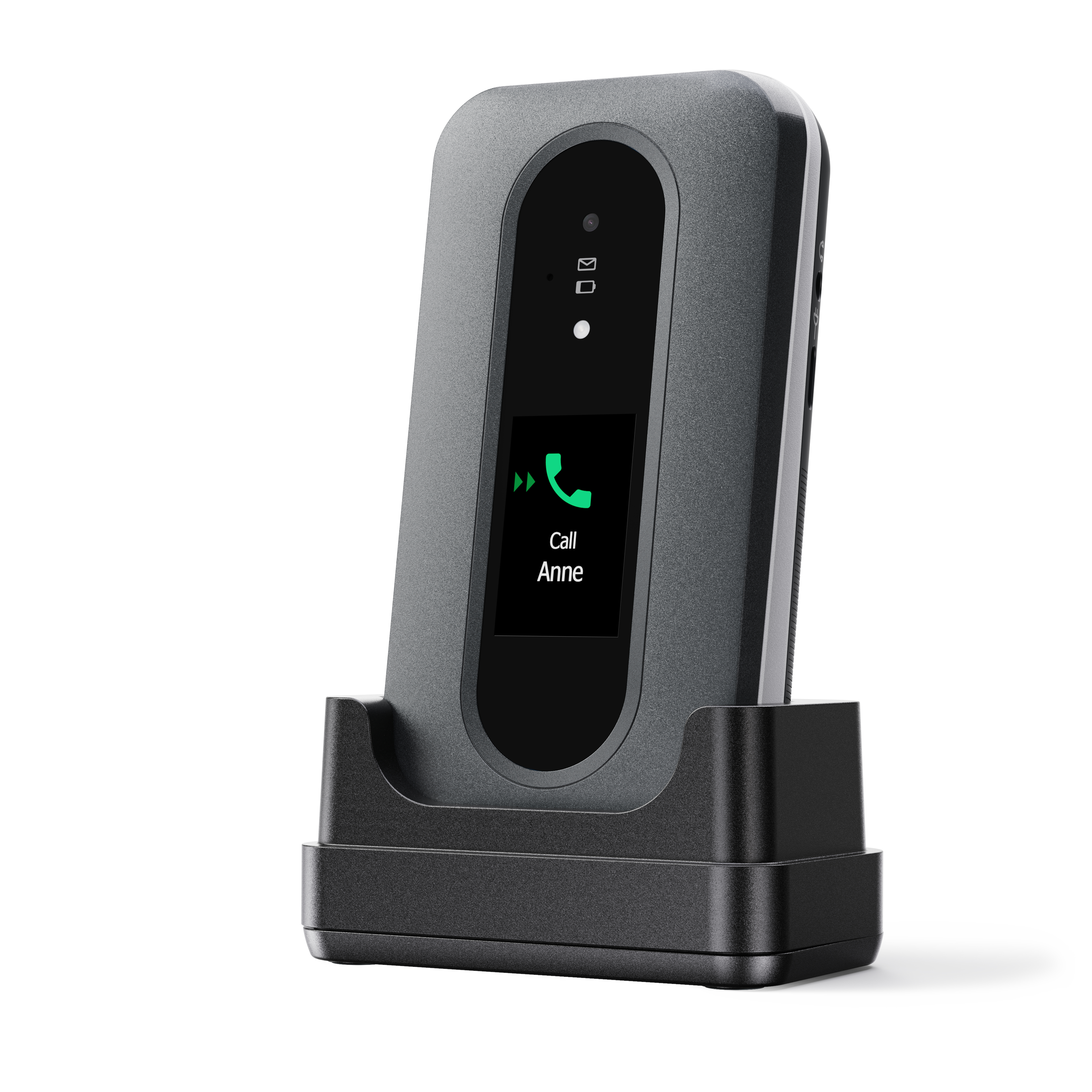 Graues Telefon auf schwarzer Ladestation, Bildschirm zeigt Anruf an Anne.