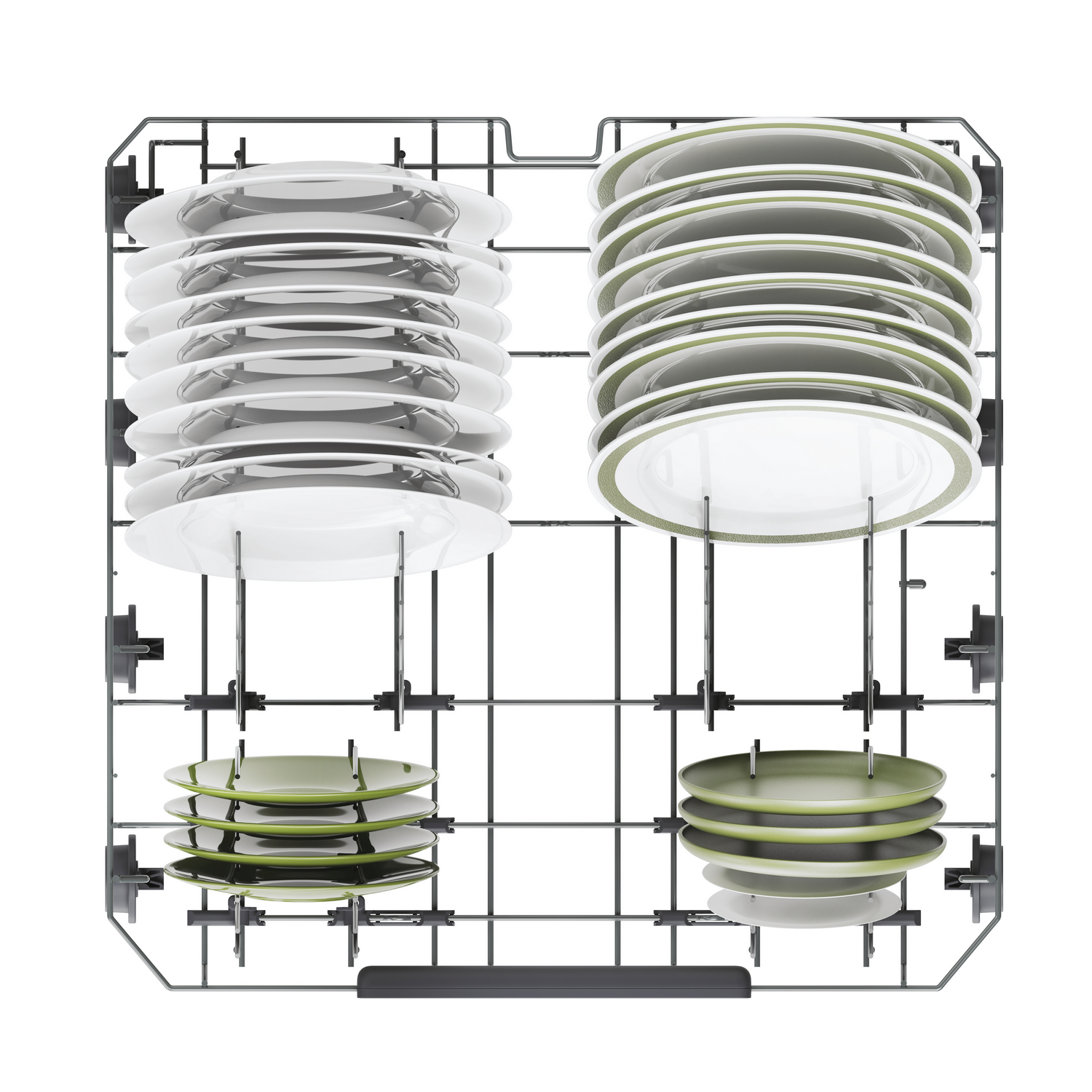 Un estante de lavavajillas lleno de platos. Algunos están apilados, otros de lado.