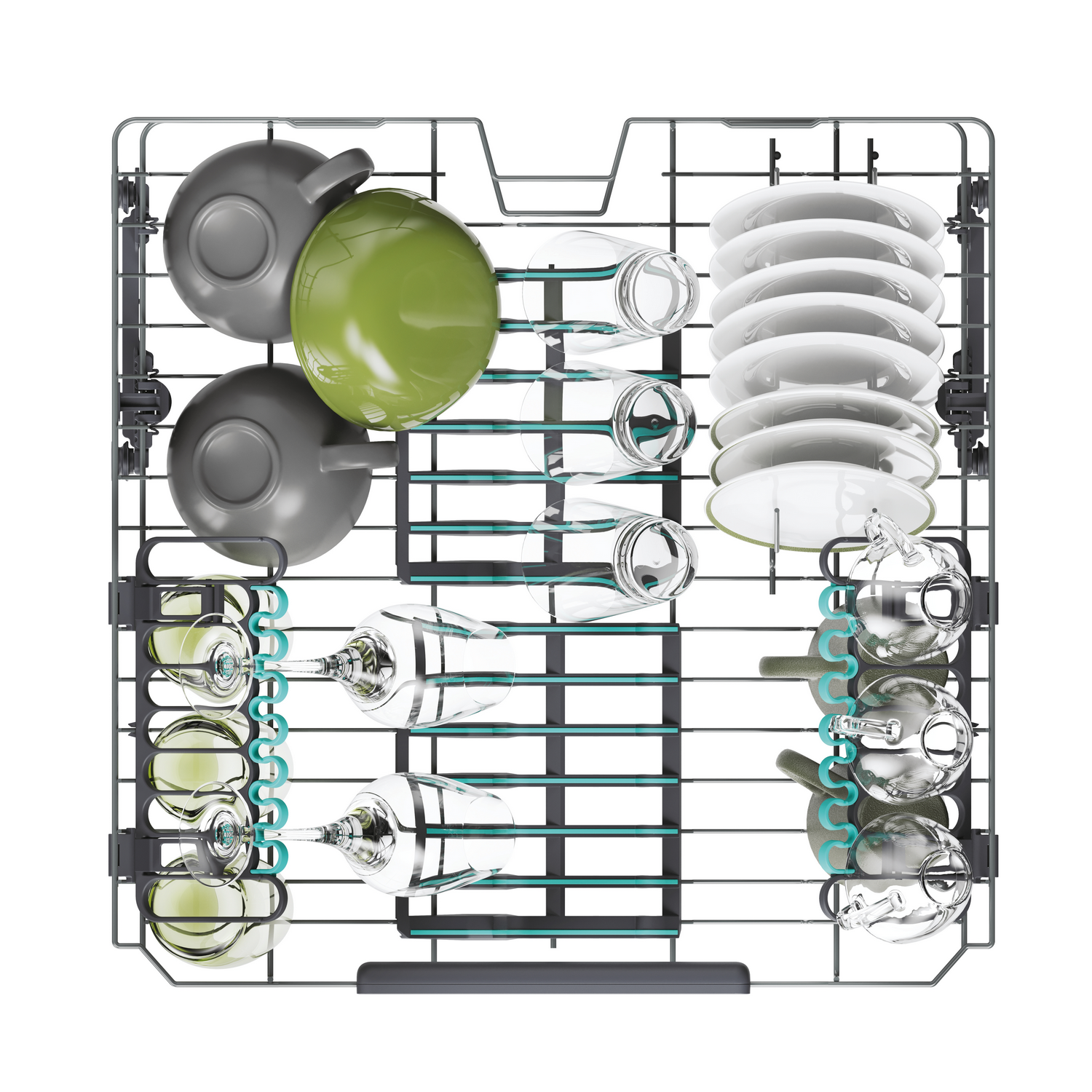Una rejilla de lavavajillas con platos, cuencos, vasos y utensilios, todo bien organizado.