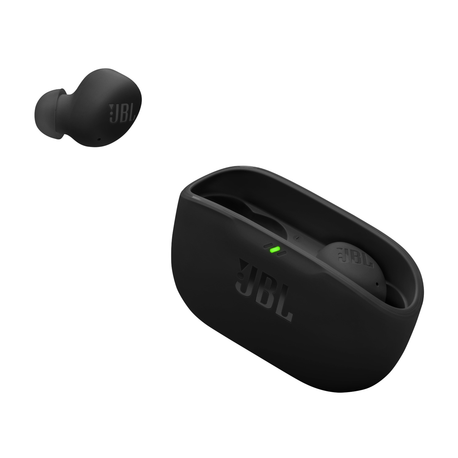 Black JBL earbuds and charging case. One earbud is separate. Green light on the case.