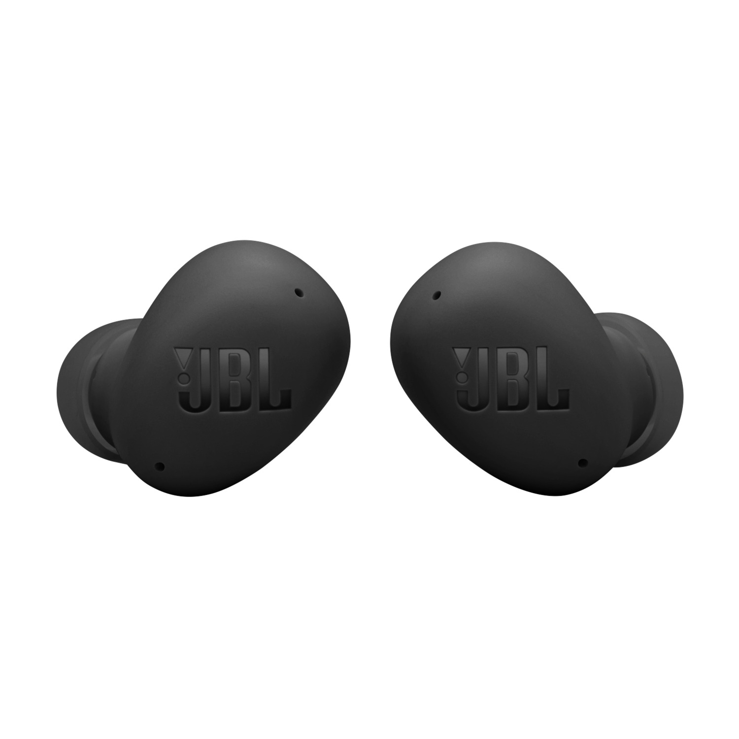 Black earbuds with JBL logo on a white background.