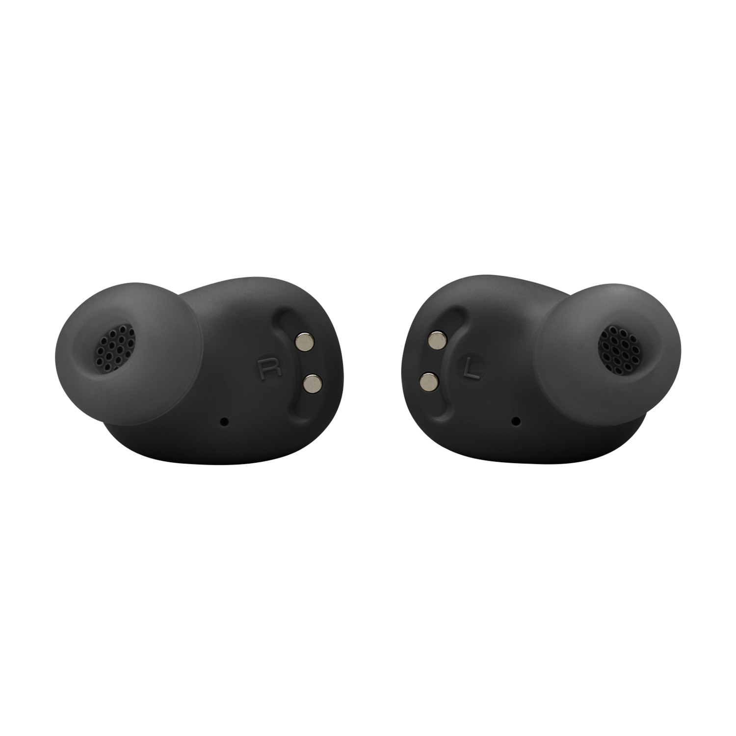 Two black earbuds, marked with 'L' and 'R'. They have a mesh design on the speaker side.