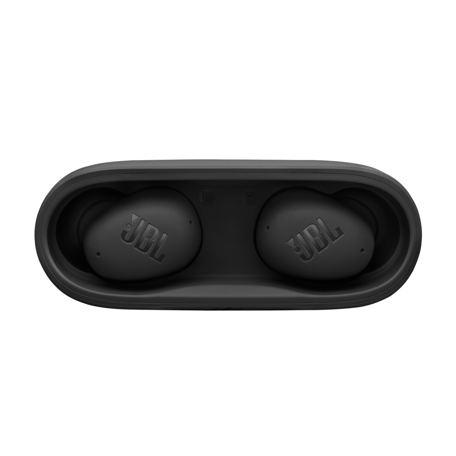 Black JBL earbuds in a charging case, viewed from above.