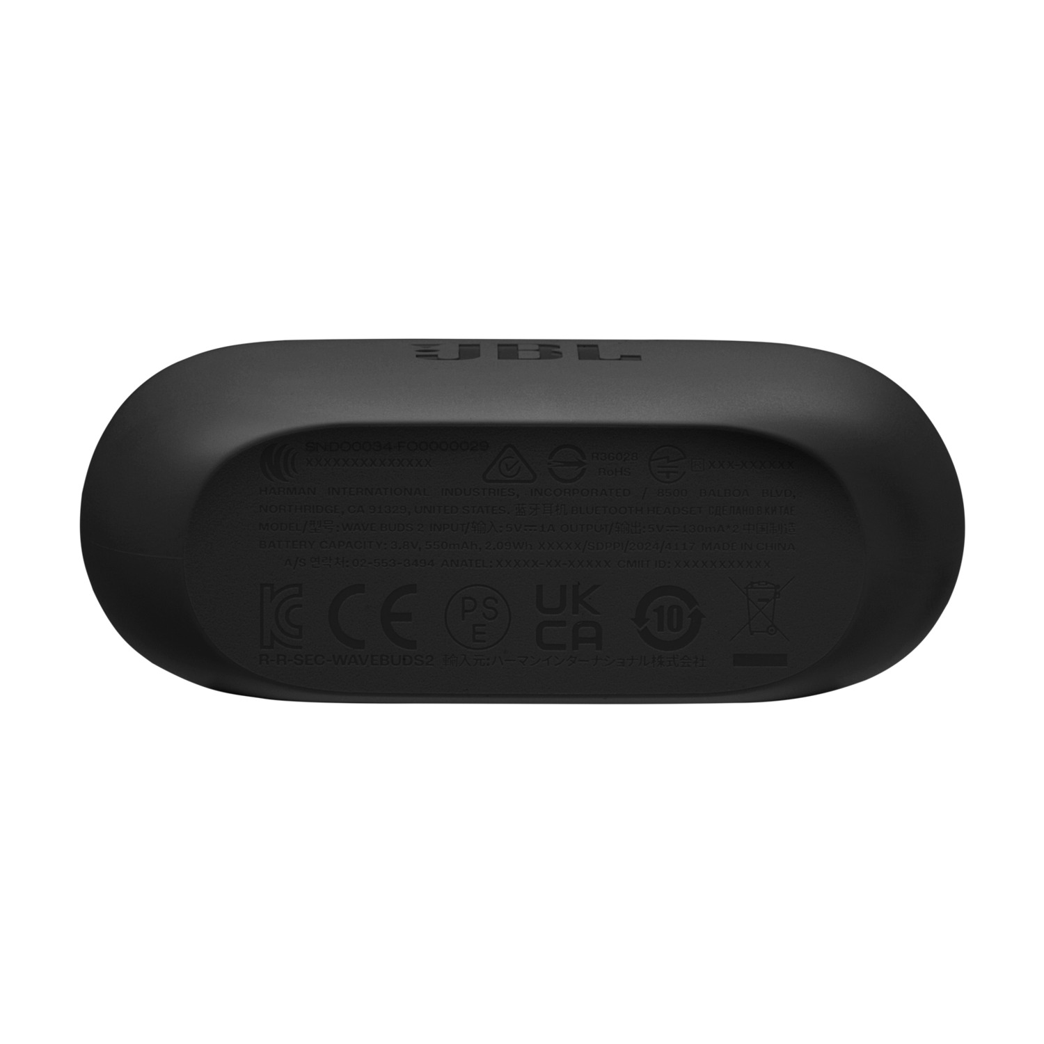 Black JBL earbuds charging case. Bottom view, with labels and info. White background.