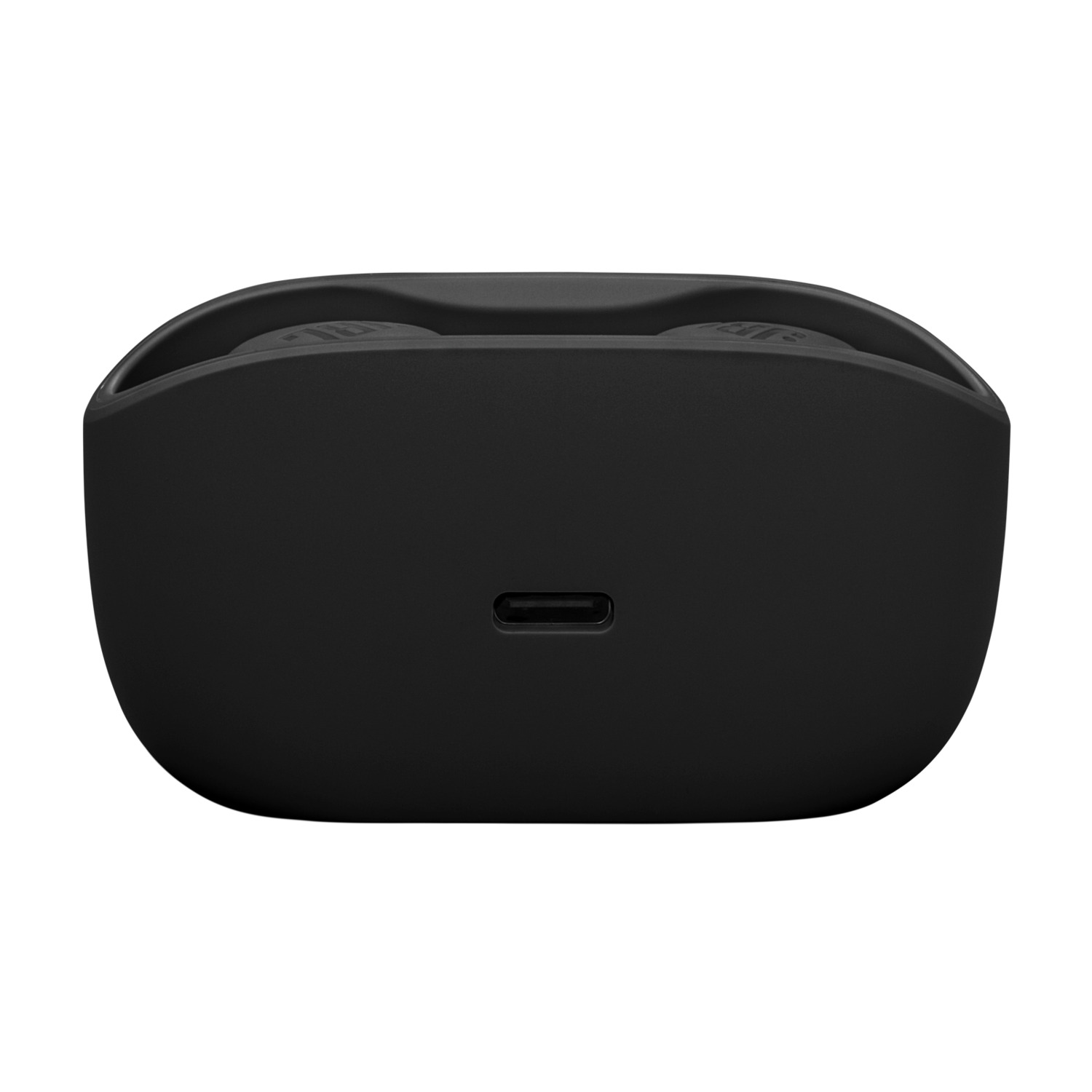 Black JBL earbuds case.  USB-C port at the bottom. The case is closed. White background.