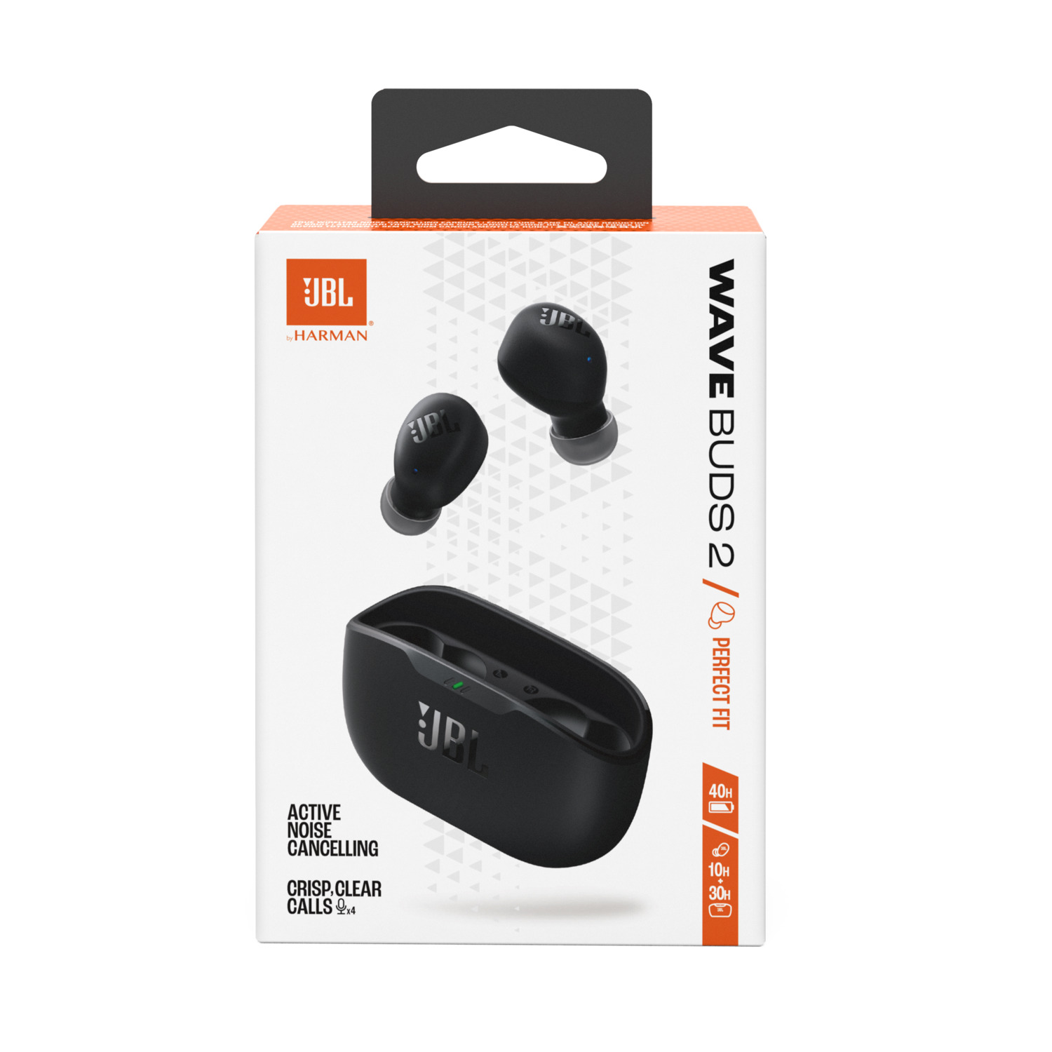 JBL Wave Buds 2 packaging. Black earbuds, charging case. White background. Text: Active Noise Cancelling.