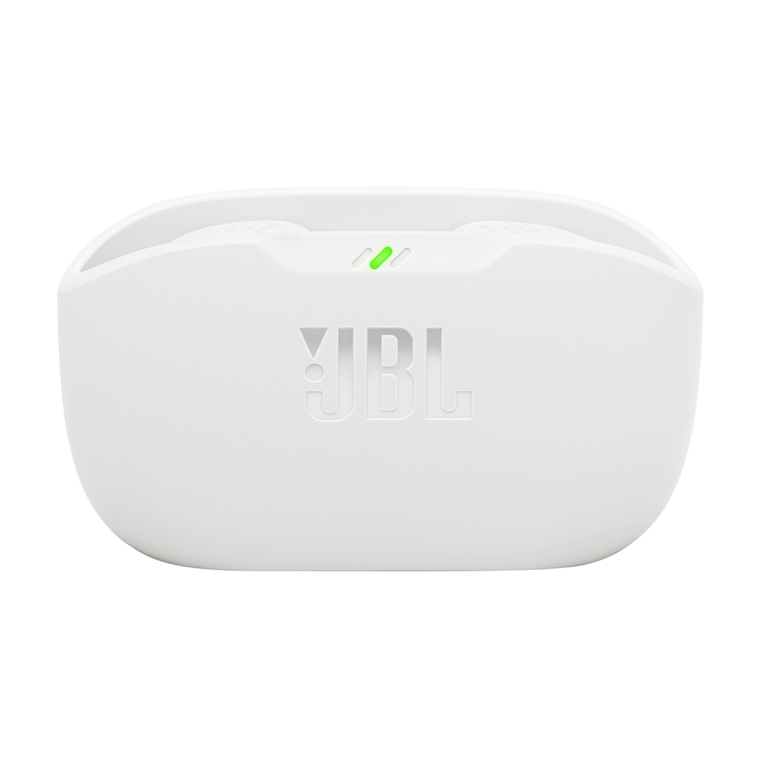 White charging case with the JBL logo. A green light is illuminated at the top of the case.