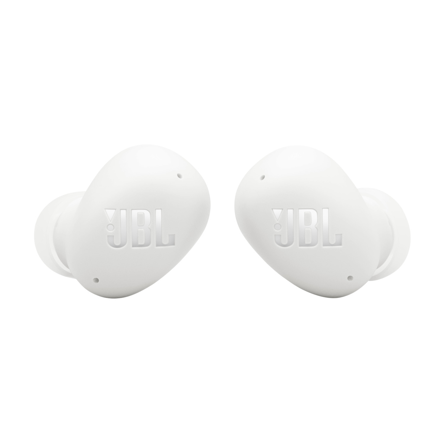 Pair of white JBL earbuds on white surface.