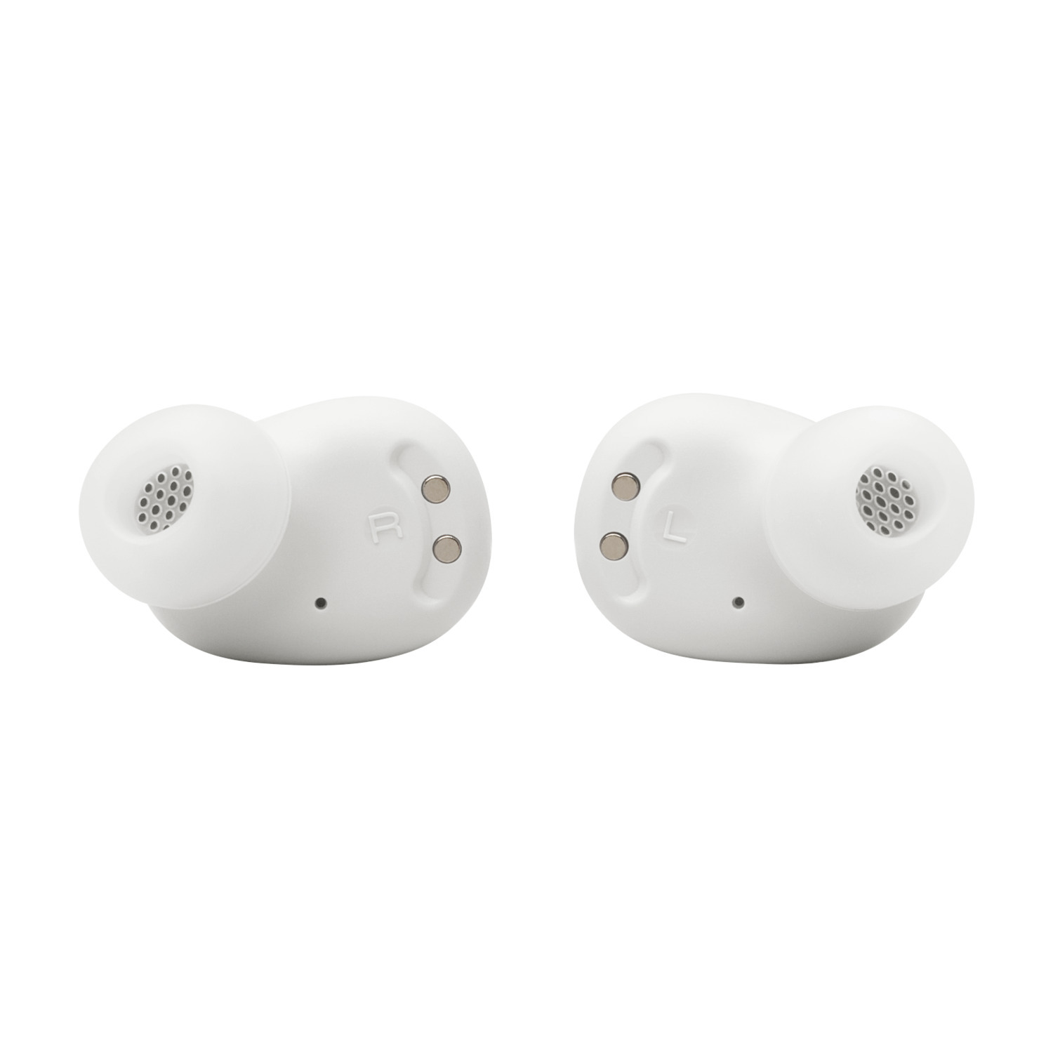 Two white earbuds, labeled 'R' and 'L', with perforated holes on a white background.