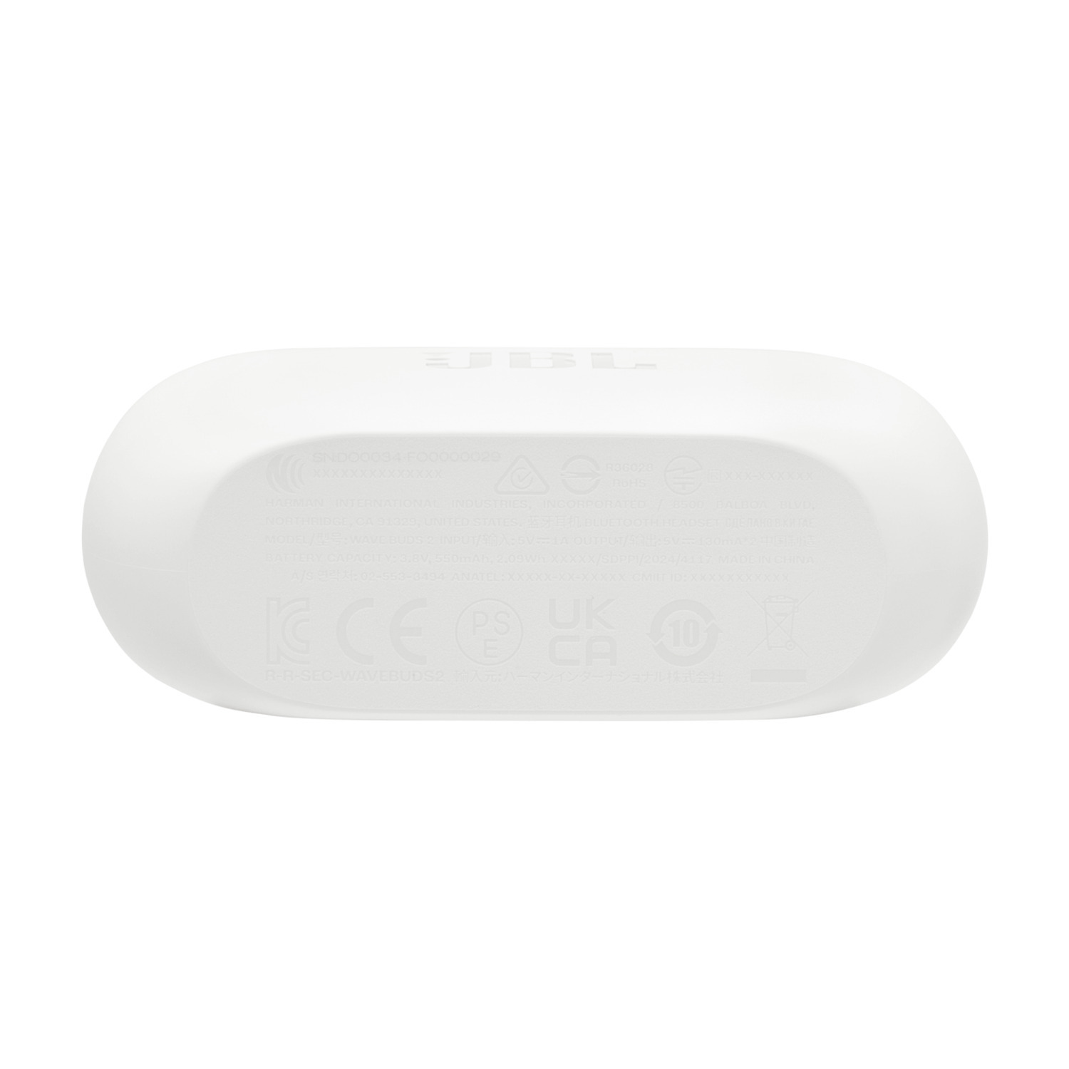 White bottom of a JBL charging case with text.
