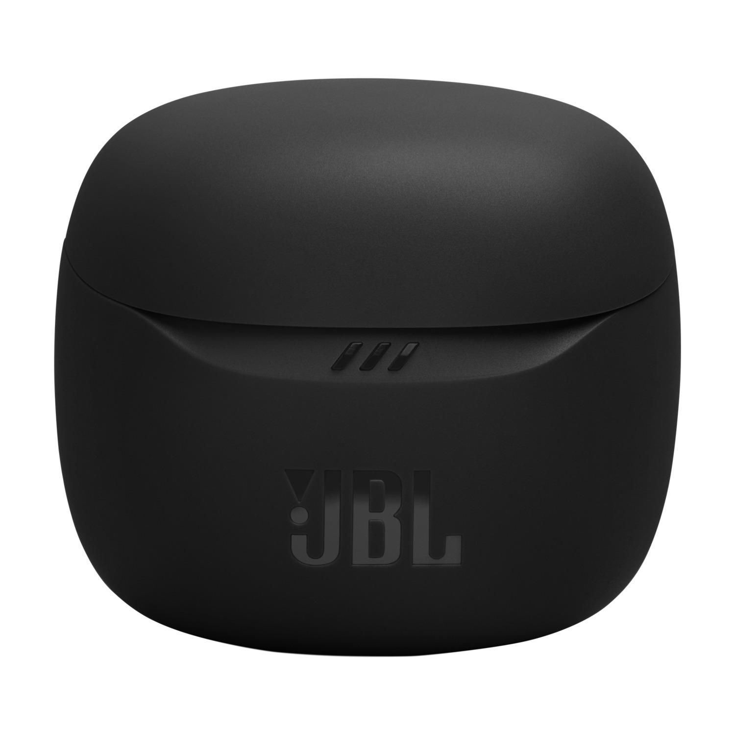 Étui de chargement d'écouteurs JBL noir. L'étui porte le logo JBL en relief sur le devant.
