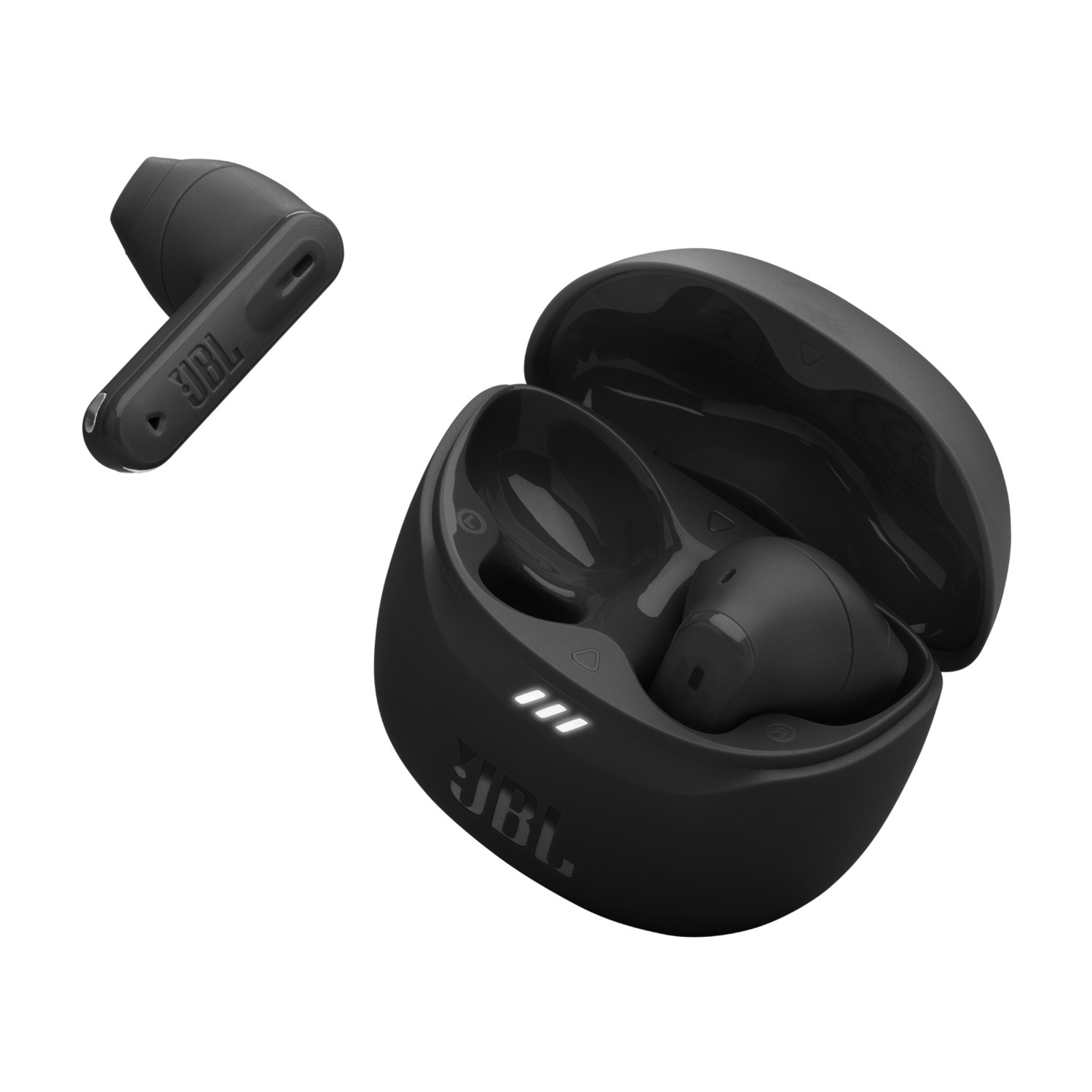 Paire d'écouteurs noirs et étui de chargement. Logo JBL visible.