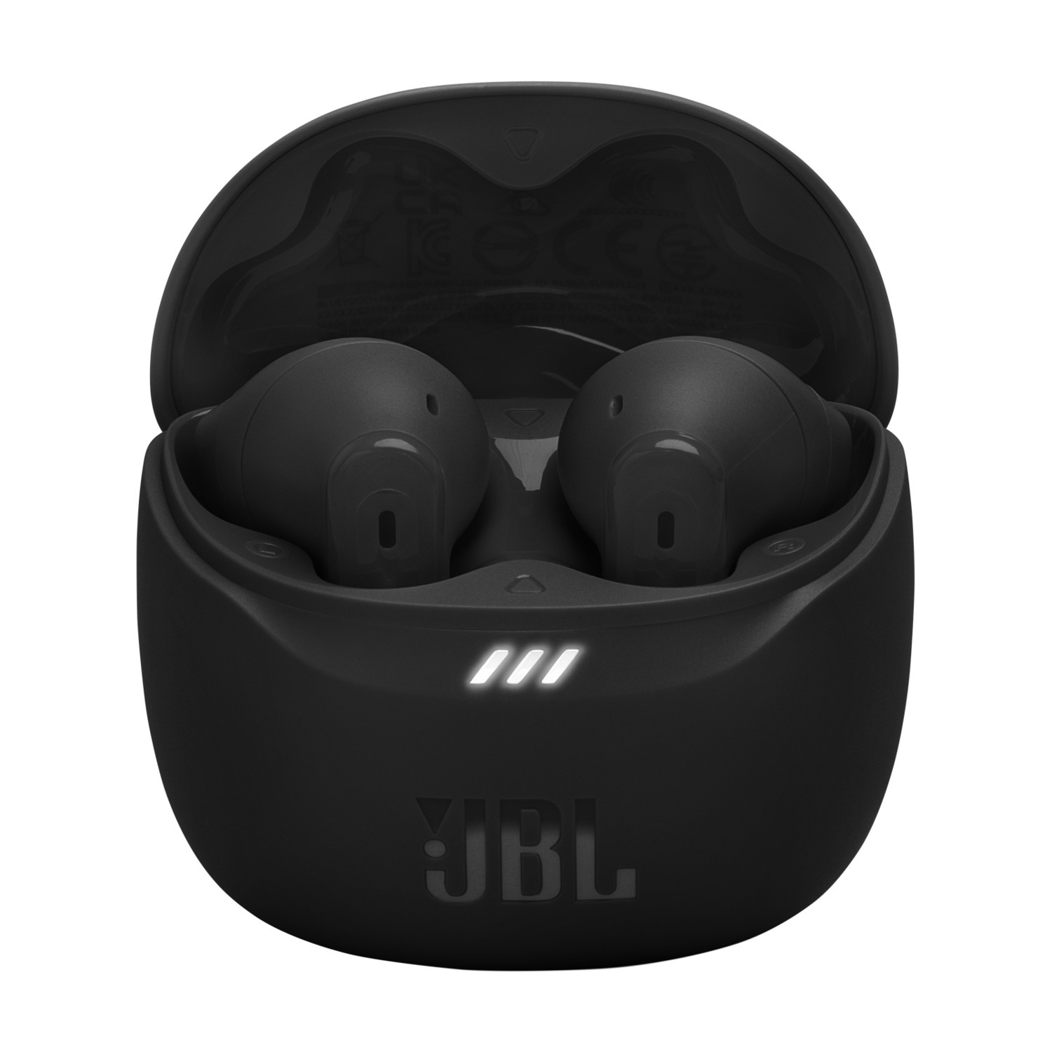 Écouteurs JBL noirs dans un étui de chargement, avec des voyants blancs à l'avant de l'étui.