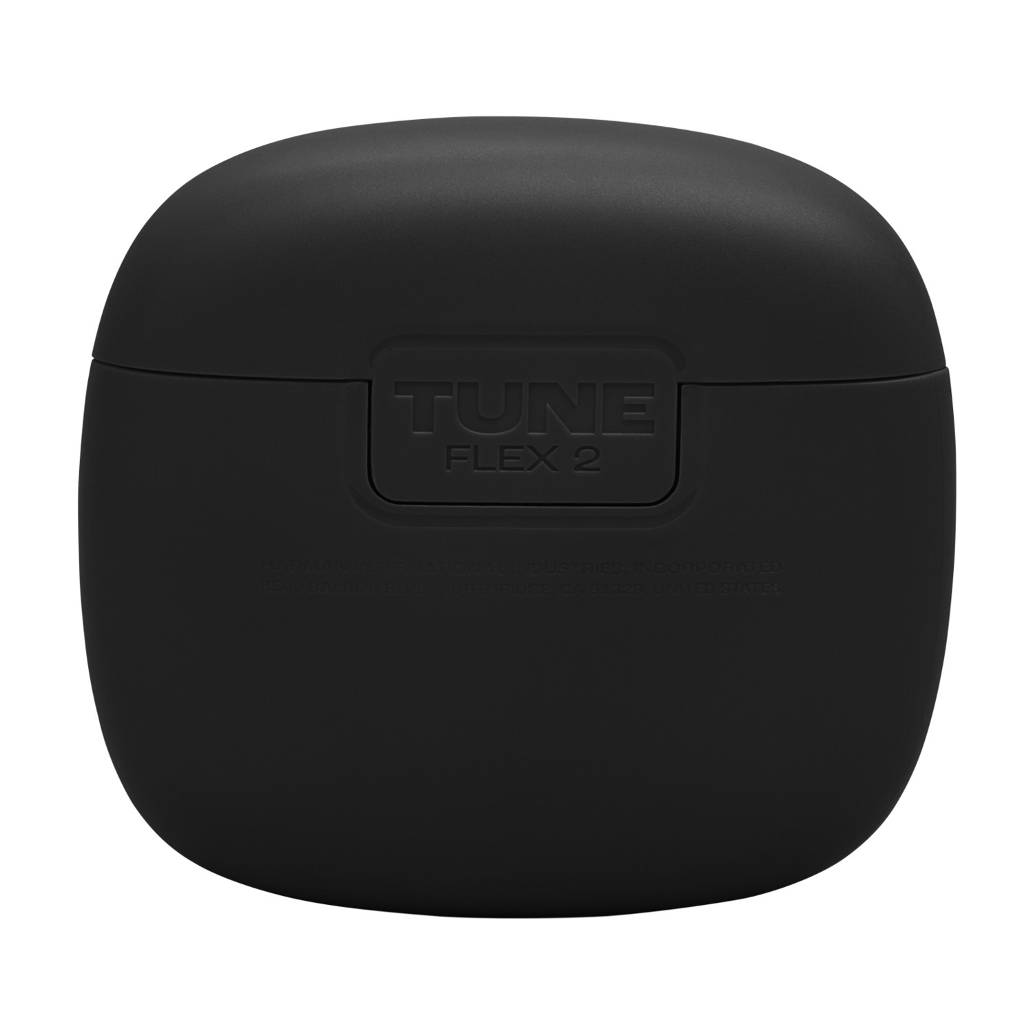Un étui noir et arrondi pour les écouteurs Tune Flex 2, avec le nom dessus.