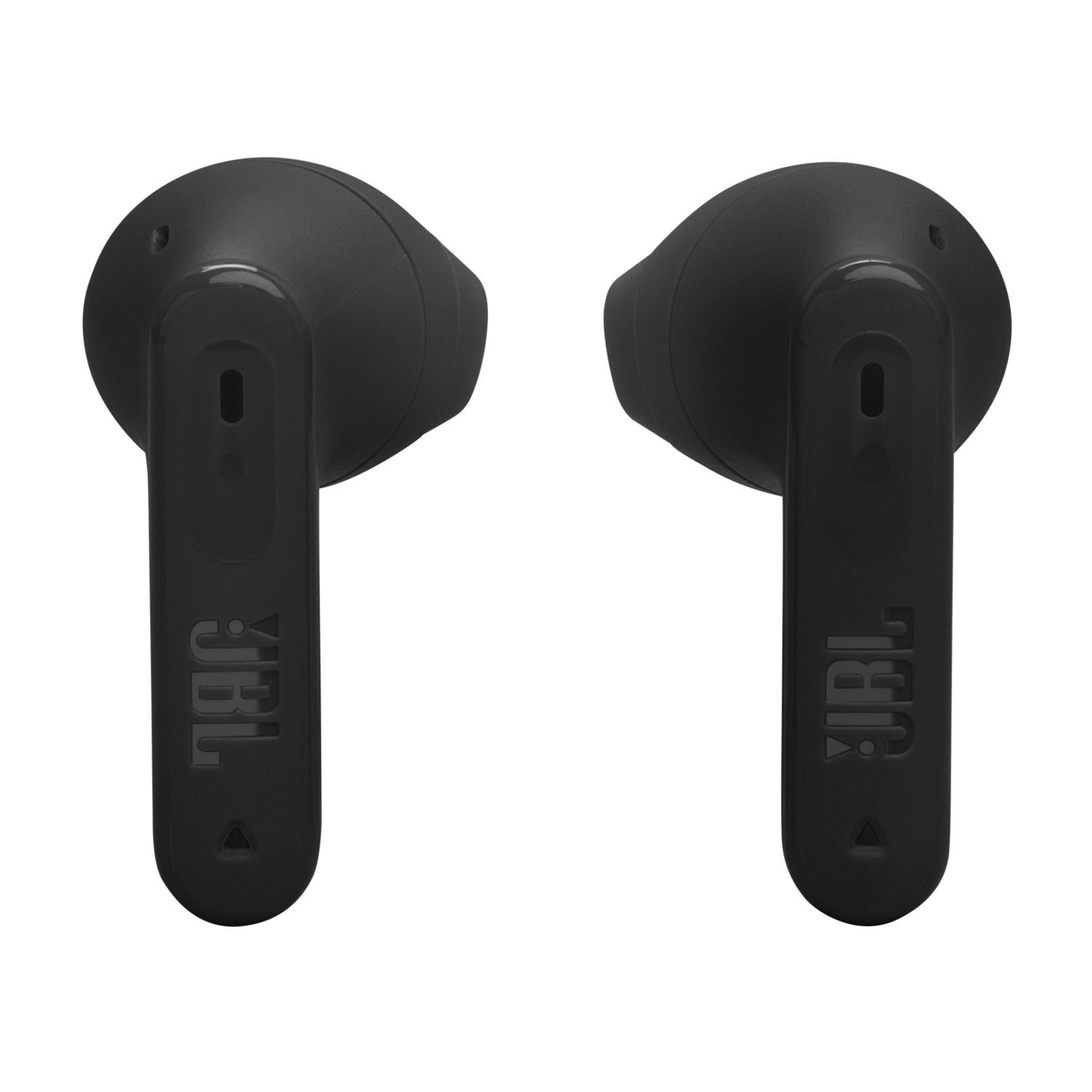 Deux écouteurs JBL noirs. Les écouteurs sont conçus pour s'adapter à l'oreille.
