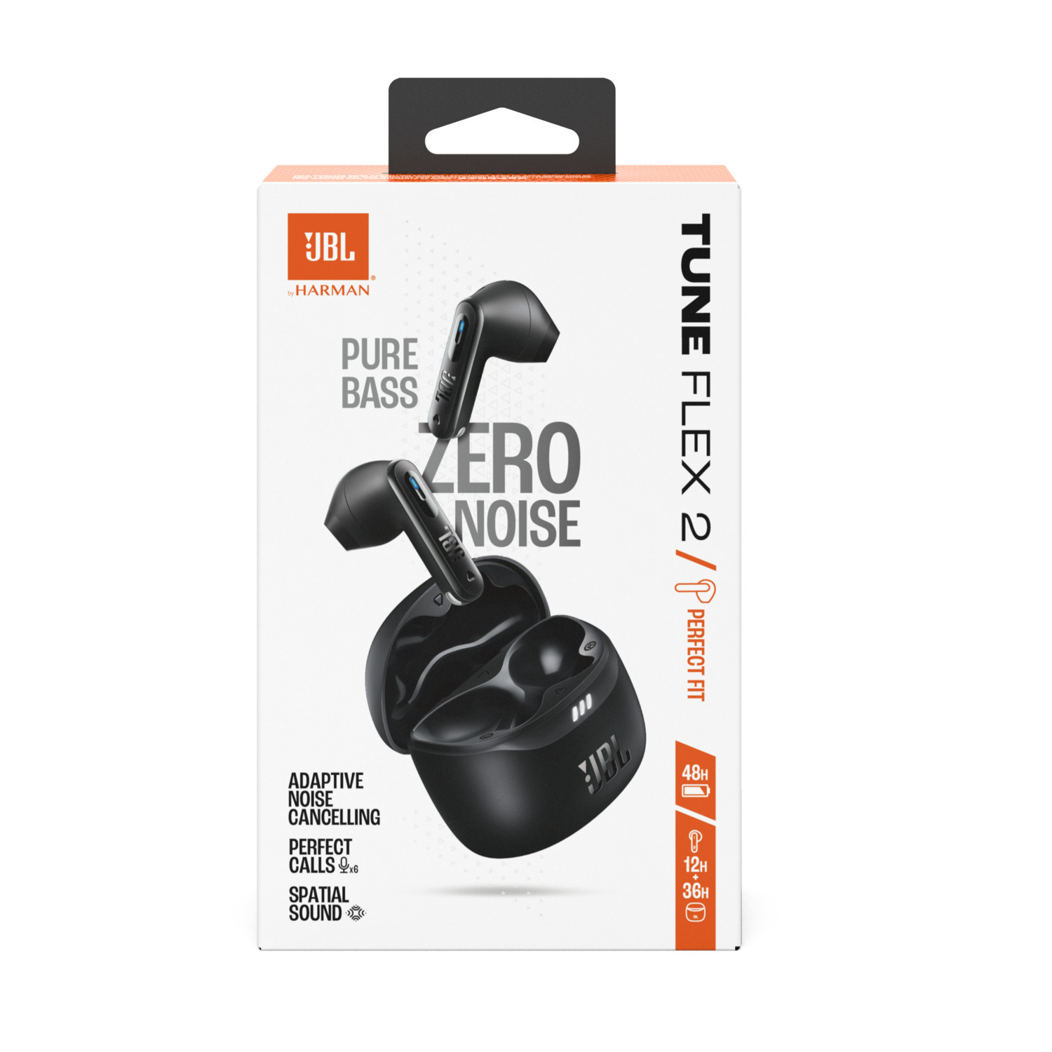 Boîte d'écouteurs JBL noirs avec les fonctions "Pure Bass" et "Zero Noise".
