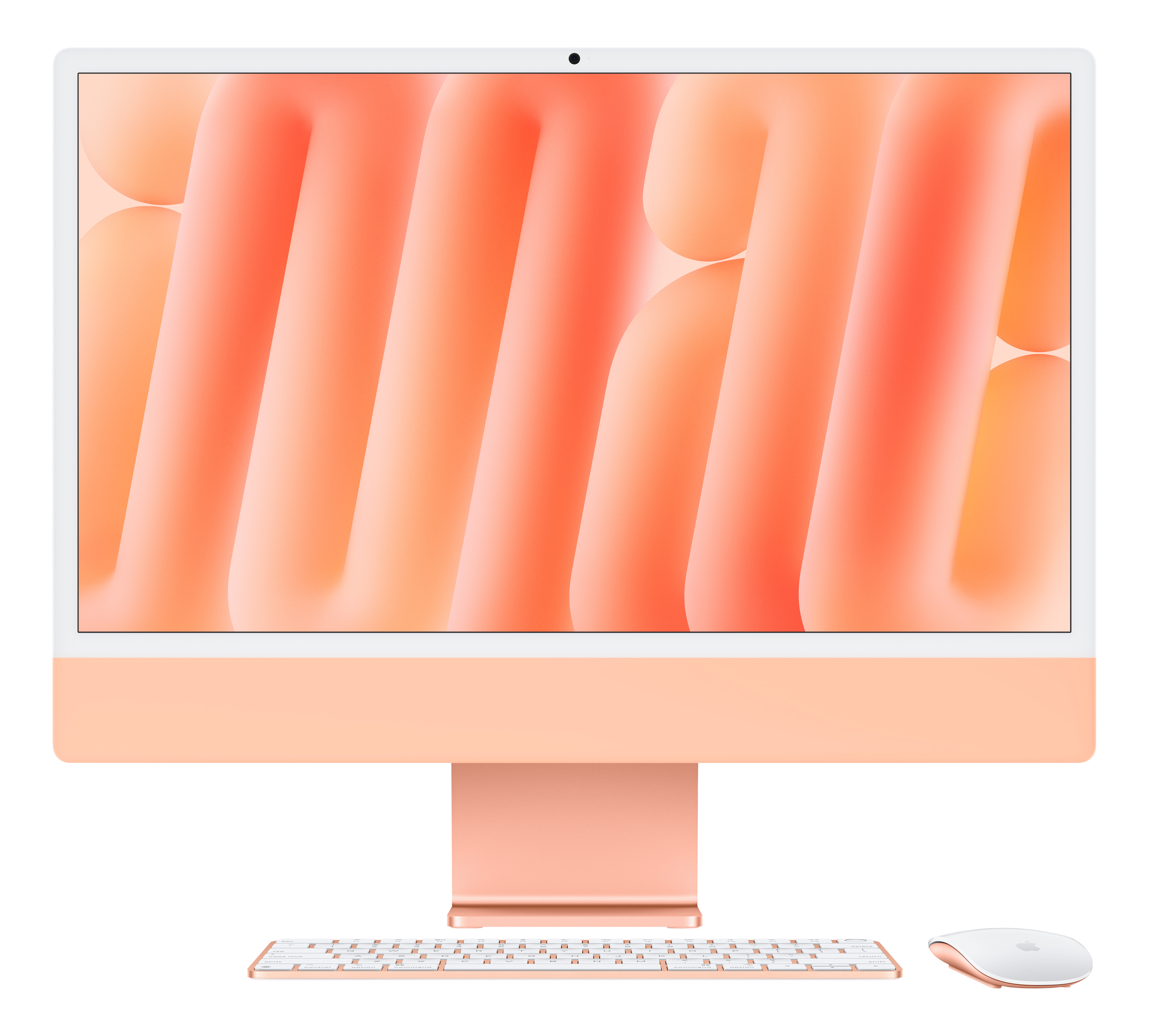 Ein iMac-Computer in rosa Farbe. Der Bildschirm zeigt ein abstraktes Design, und es gibt Tastatur und Maus.