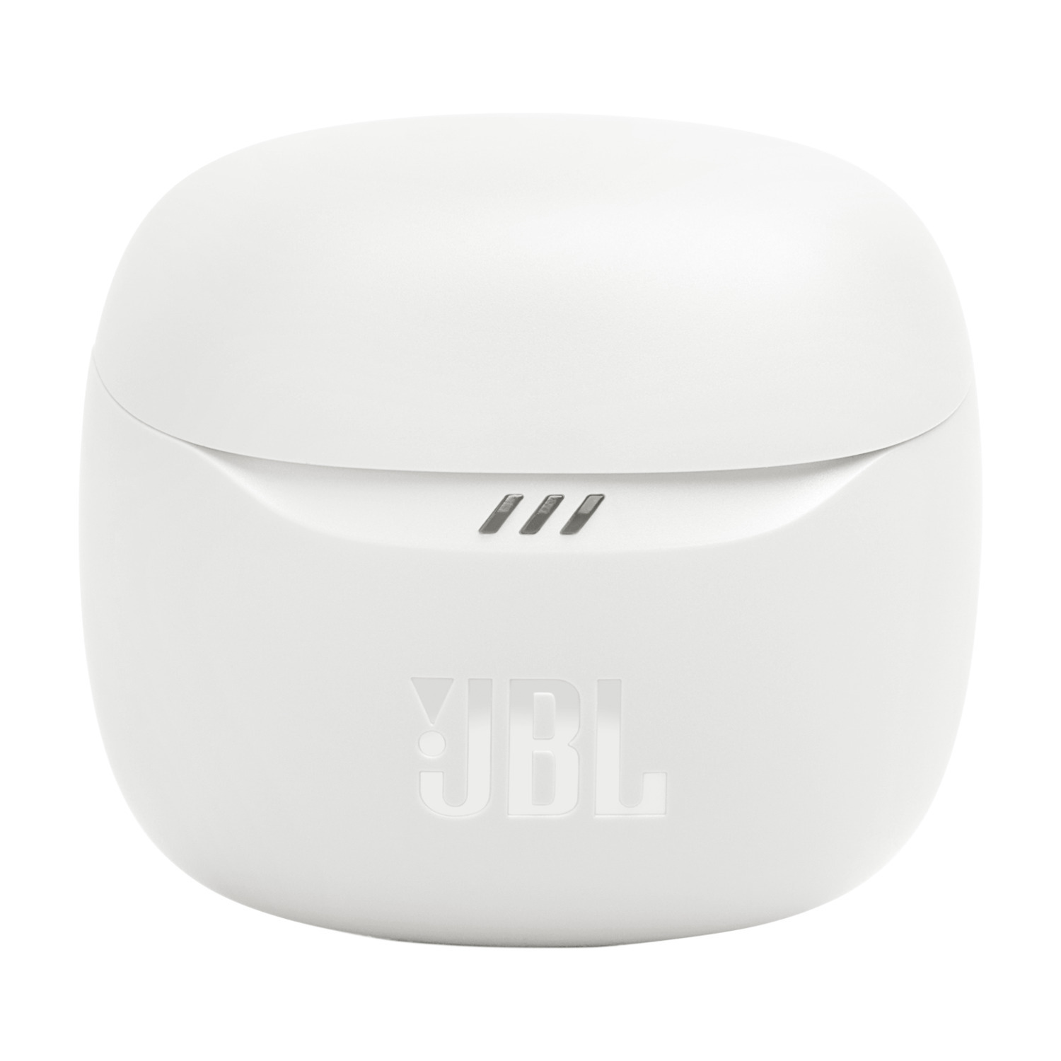 White JBL charging case. The case is closed with three horizontal lines. White background.