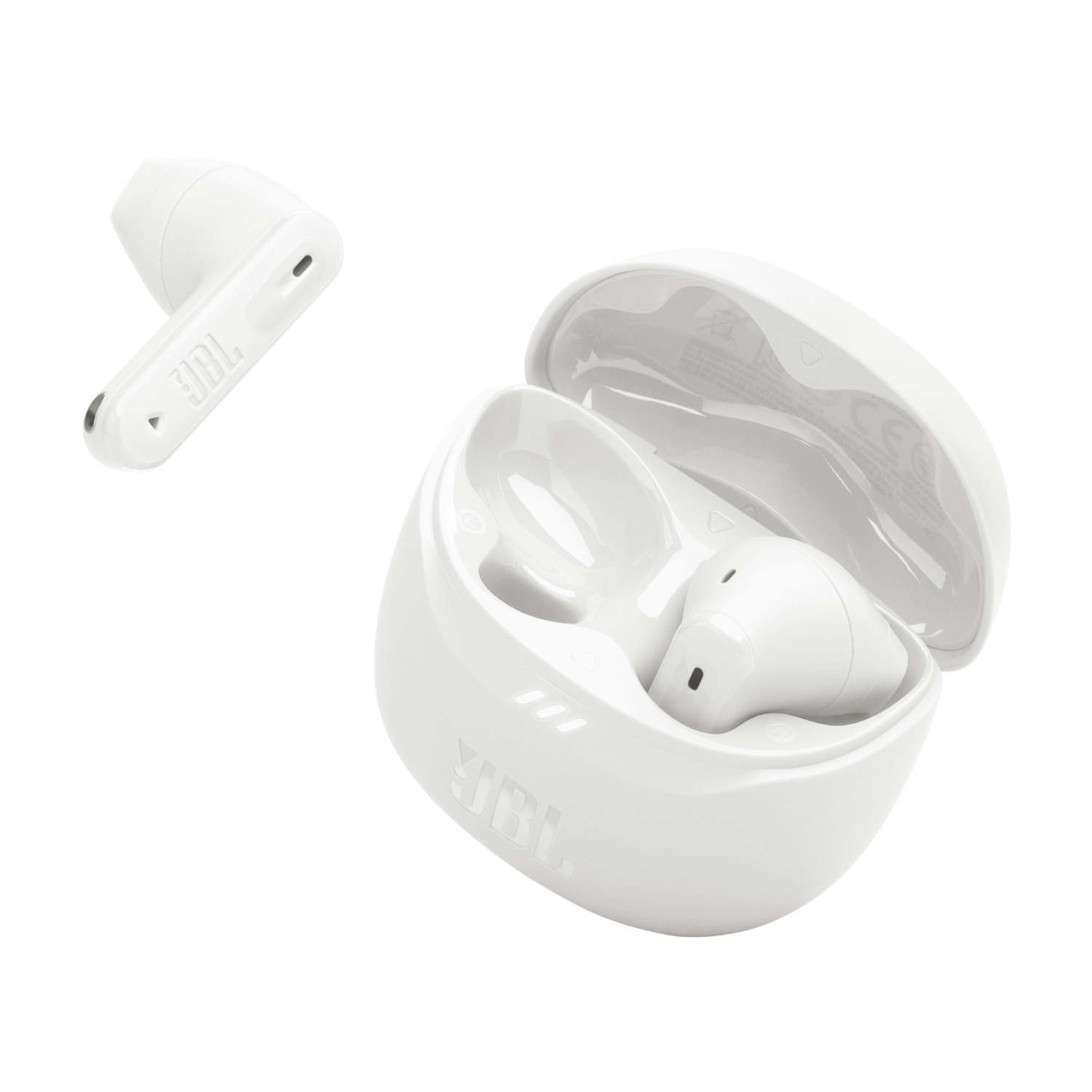 White JBL earbuds and charging case. One earbud is separate.