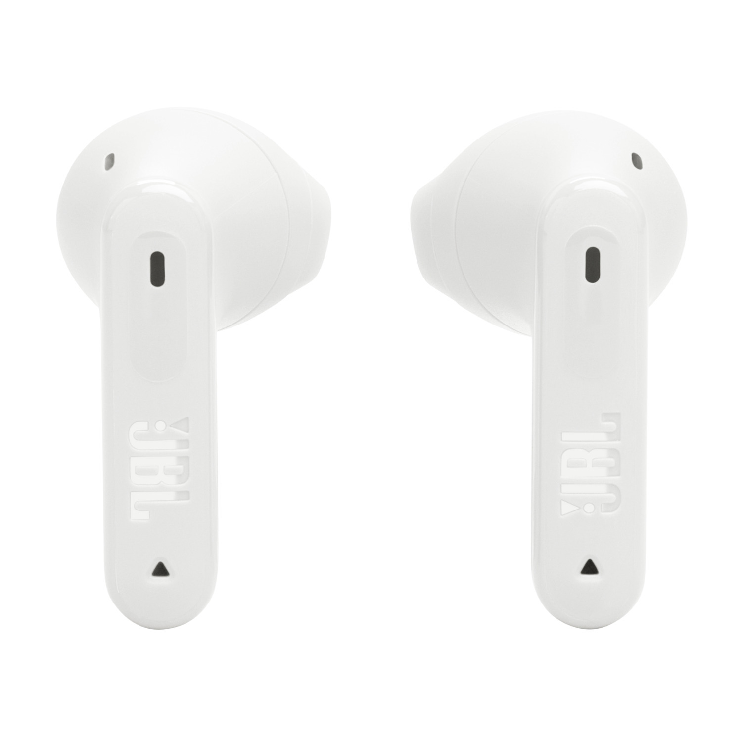 Two white JBL earbuds. Each with the JBL logo.