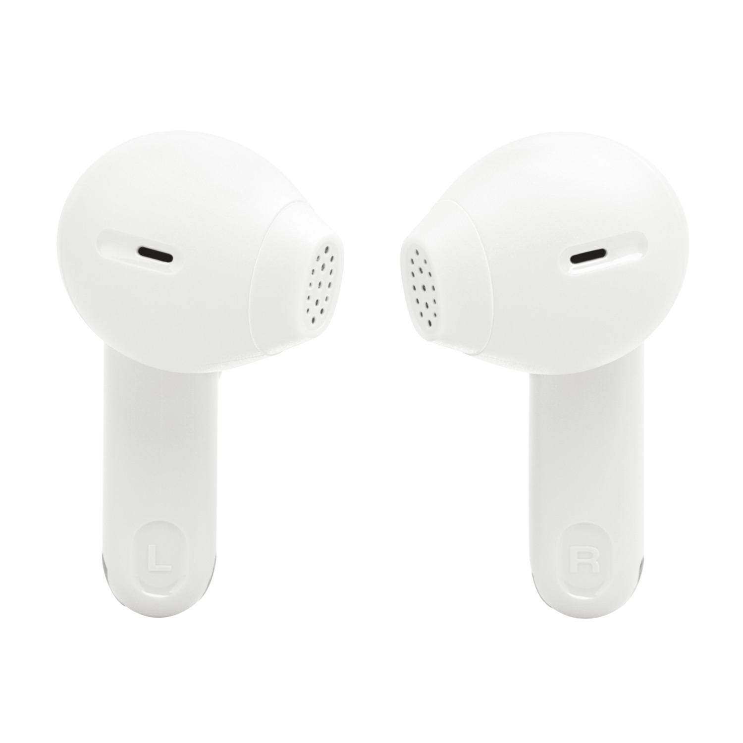 A pair of white JBL earbuds, close-up.