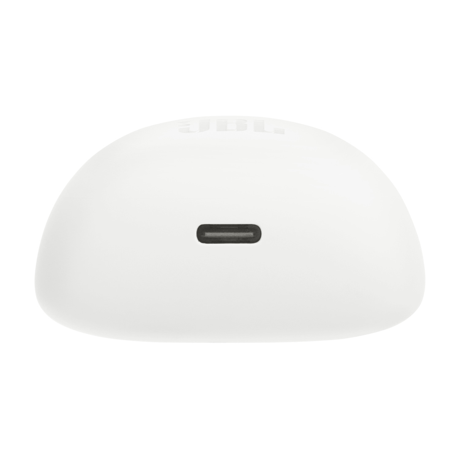 A white JBL earbud charging case with a USB-C port. The case is smooth and rounded.