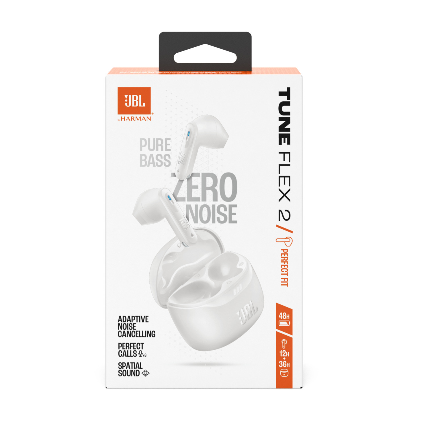 A white JBL earbuds box with text and an image of the product.