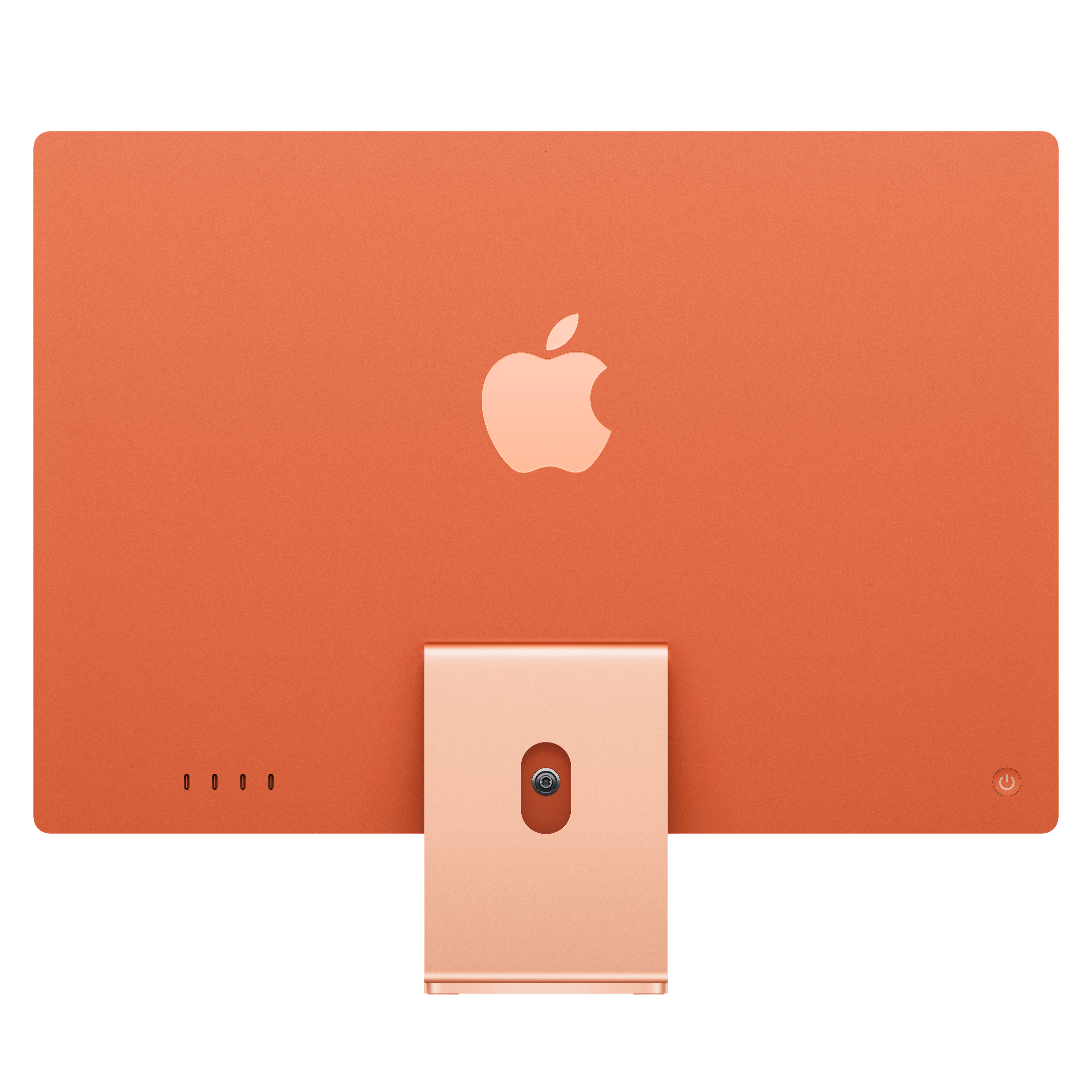Oranger iMac-Computer. Rückansicht, mit Apple-Logo und Ständer.
