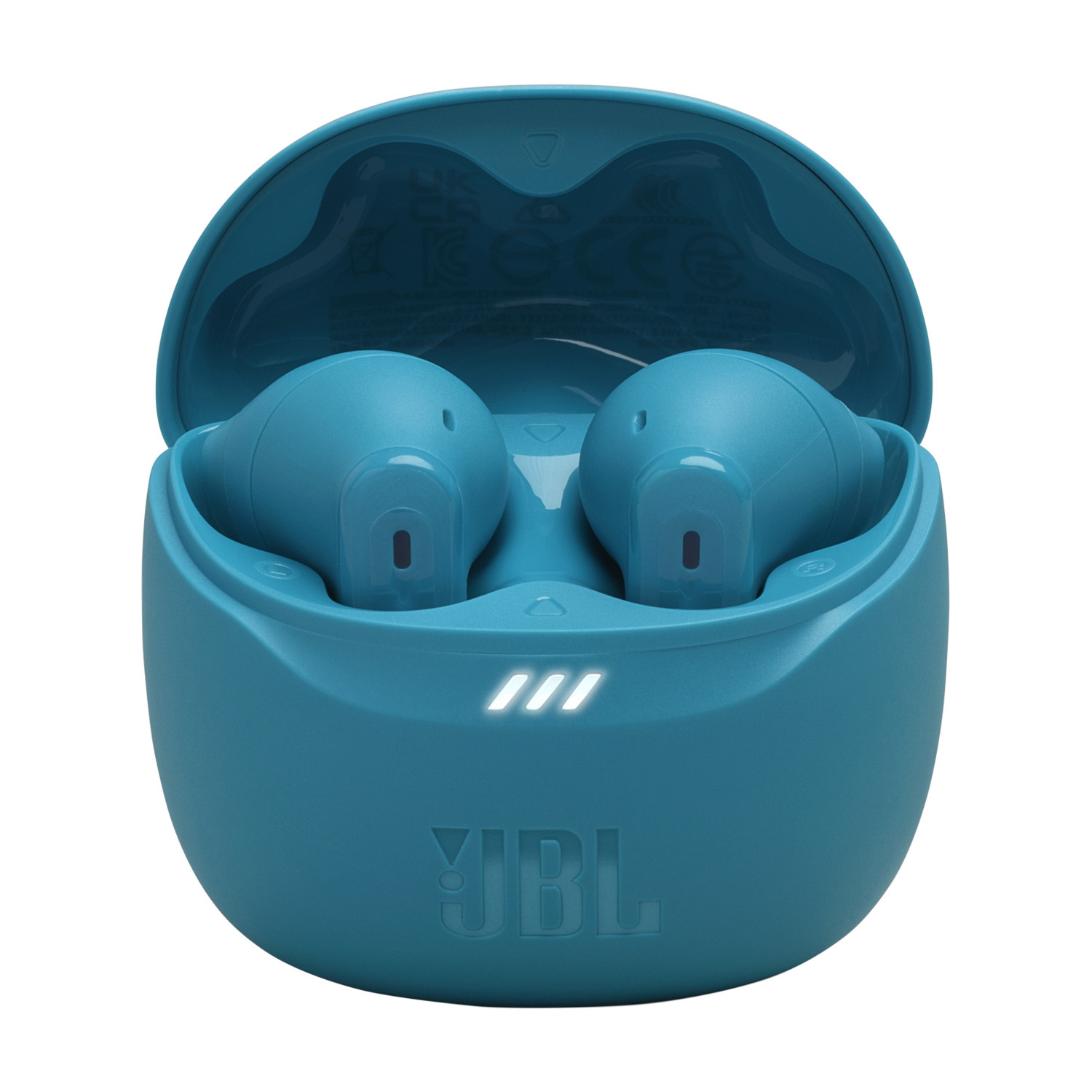 Teal earbuds in a teal charging case. The case is open, showing the earbuds.