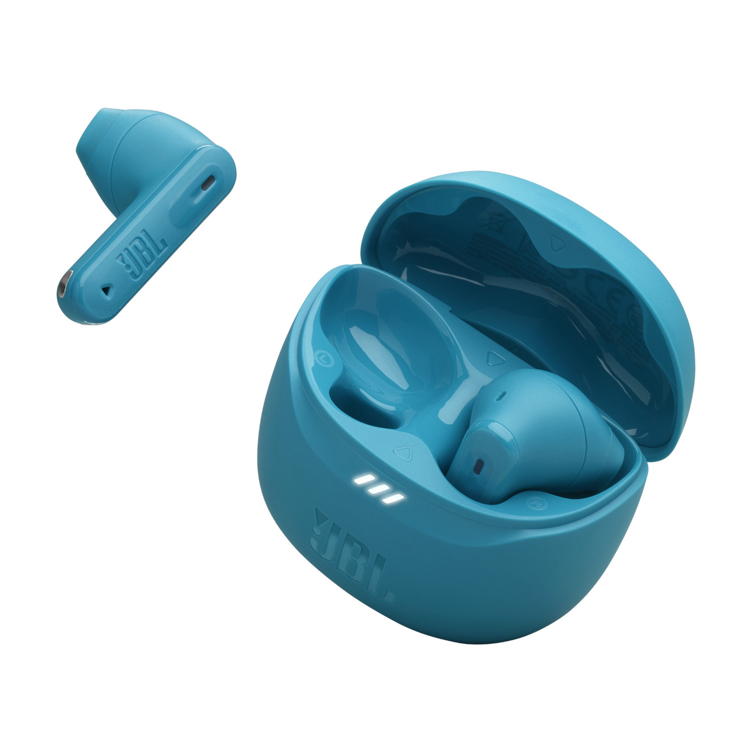 A blue JBL earbud and its charging case on a white backdrop. The case is open.