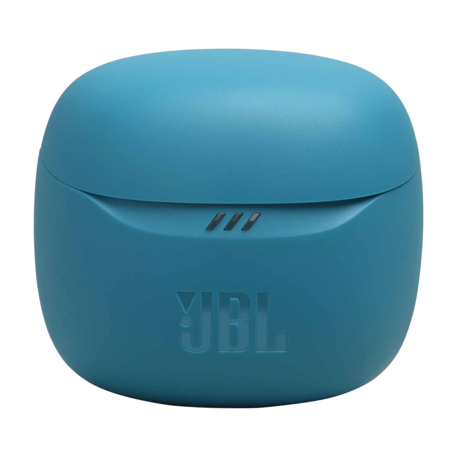 A teal JBL charging case, closed. Three small holes are visible on the case's top.