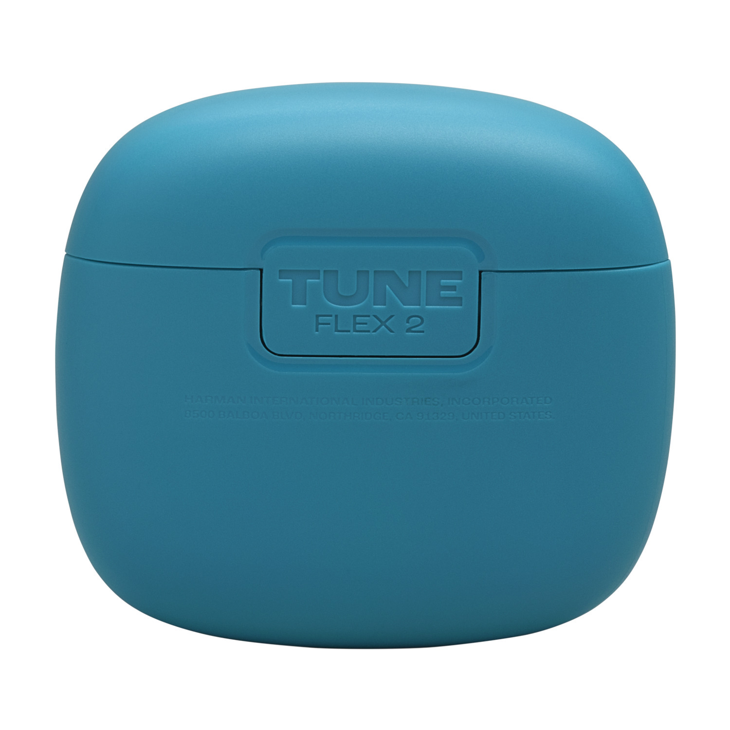A blue case for earbuds. It says Tune Flex 2 and has the Harman Industries information on the back.