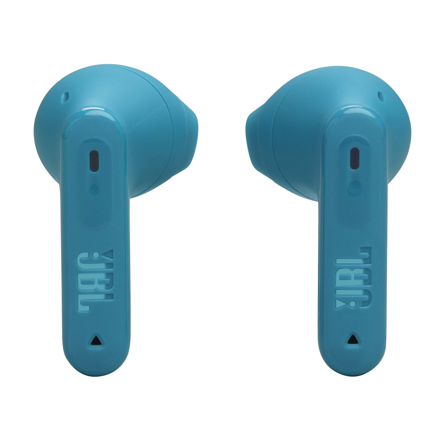 Two blue wireless earbuds, JBL brand, each with a small stem.