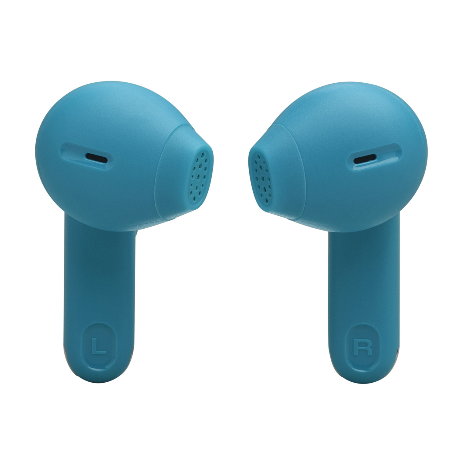 Two blue JBL earbuds, front view, with L and R markings.