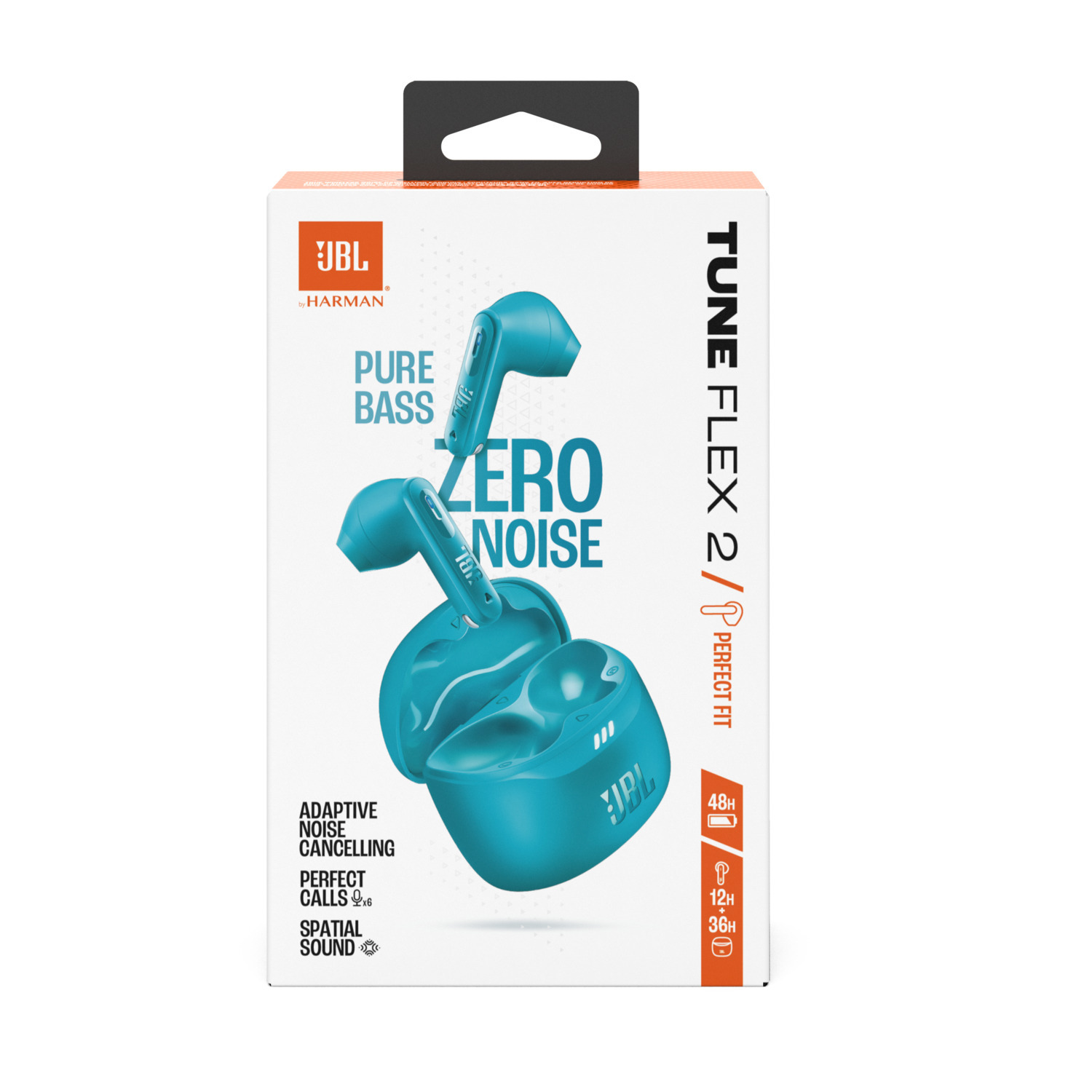 A box of JBL Tune Flex 2 earbuds. Teal earbuds and charging case are visible.