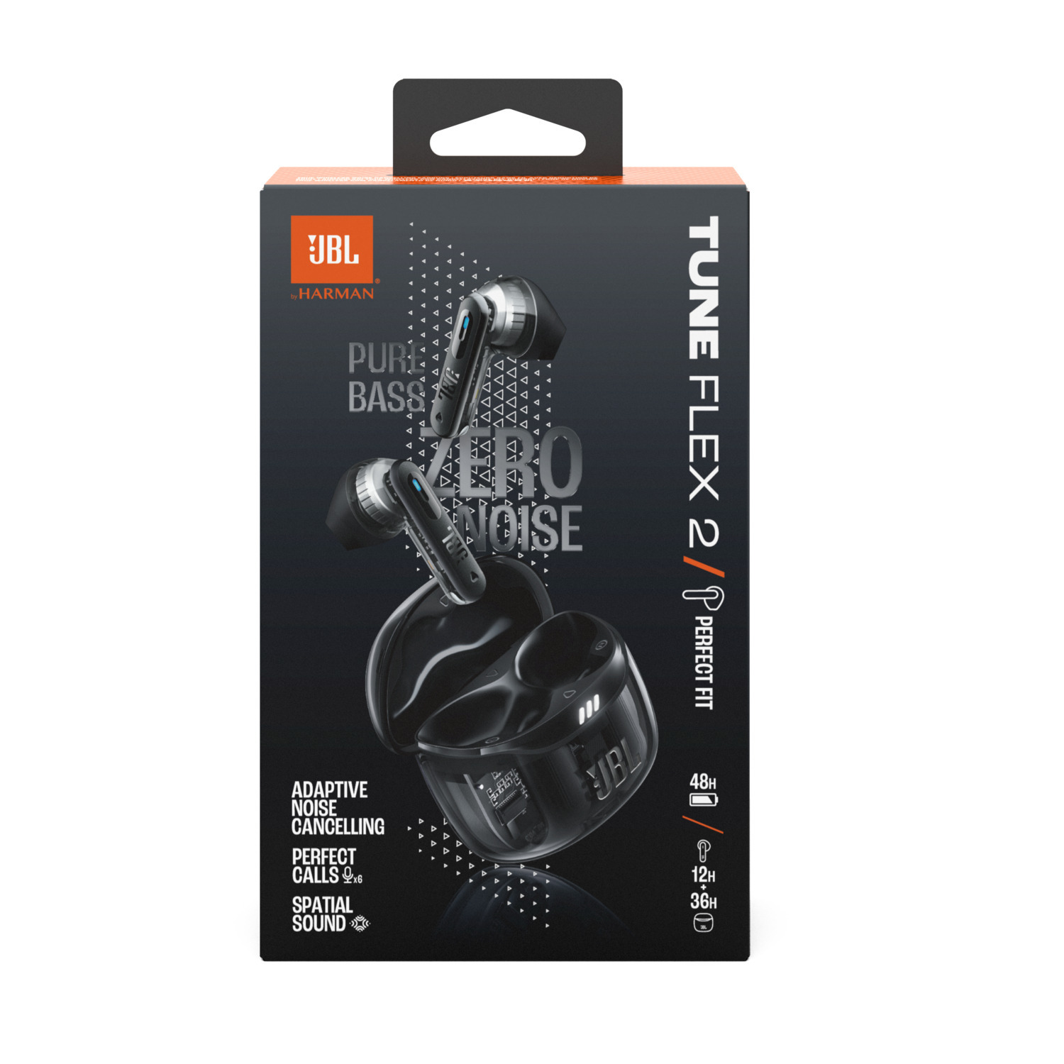 JBL Tune Flex 2 earbuds box. Black box. Earbuds shown. White background.