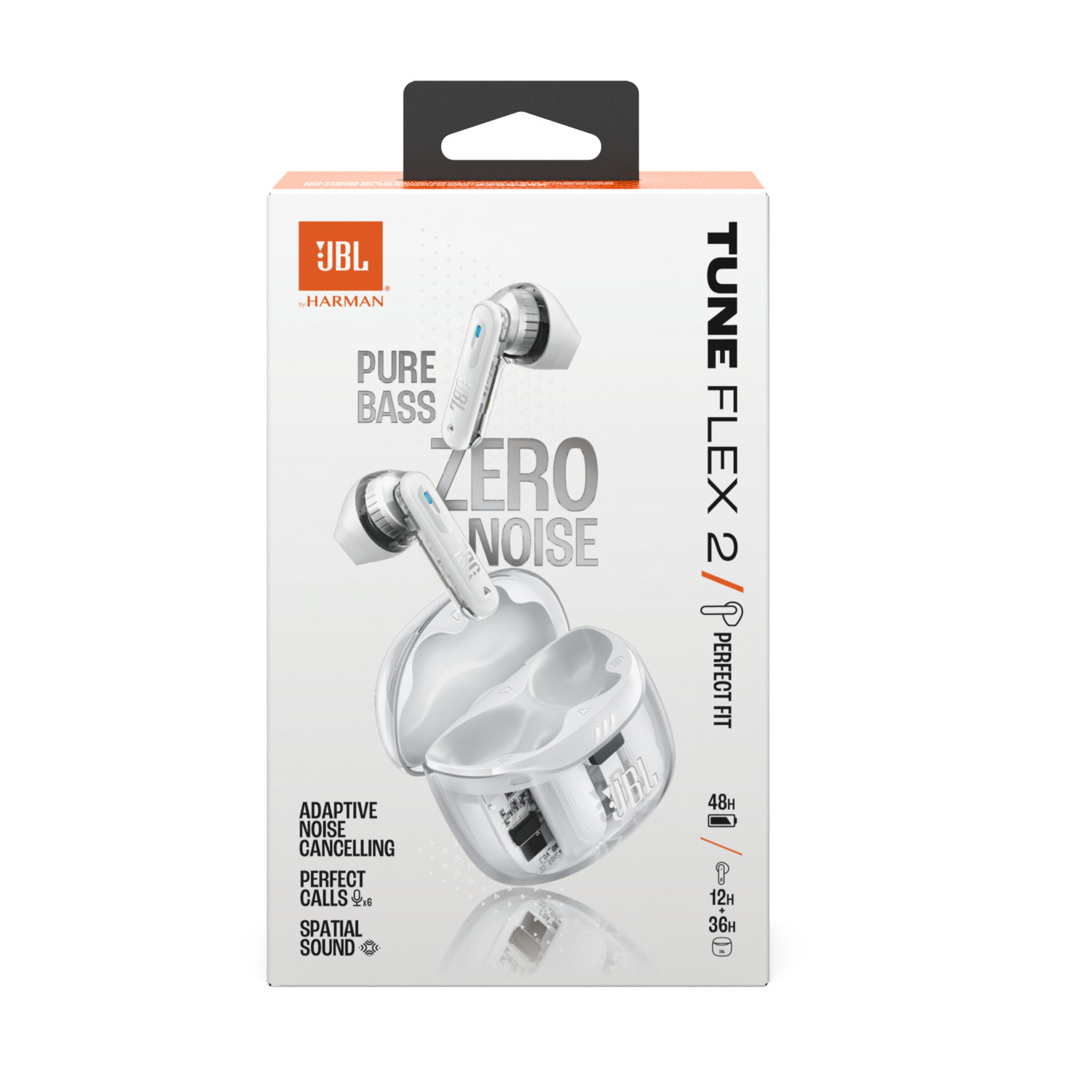 JBL Tune Flex 2 wireless earbuds box. It features the earbuds, case, and product info.