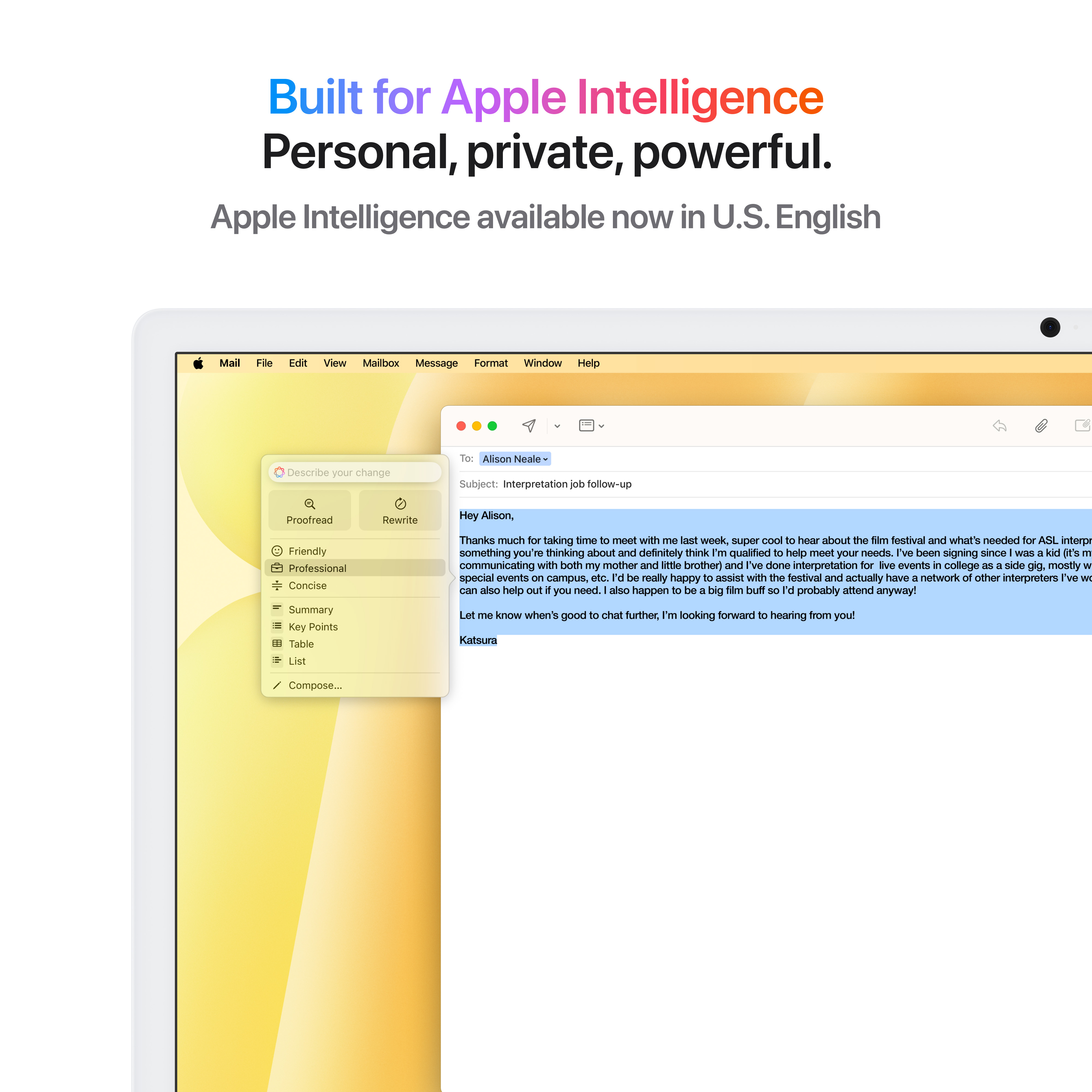 Interfaccia Apple Intelligence su tablet. Applicazione email, con testo e strumenti di editing. Cornice bianca.