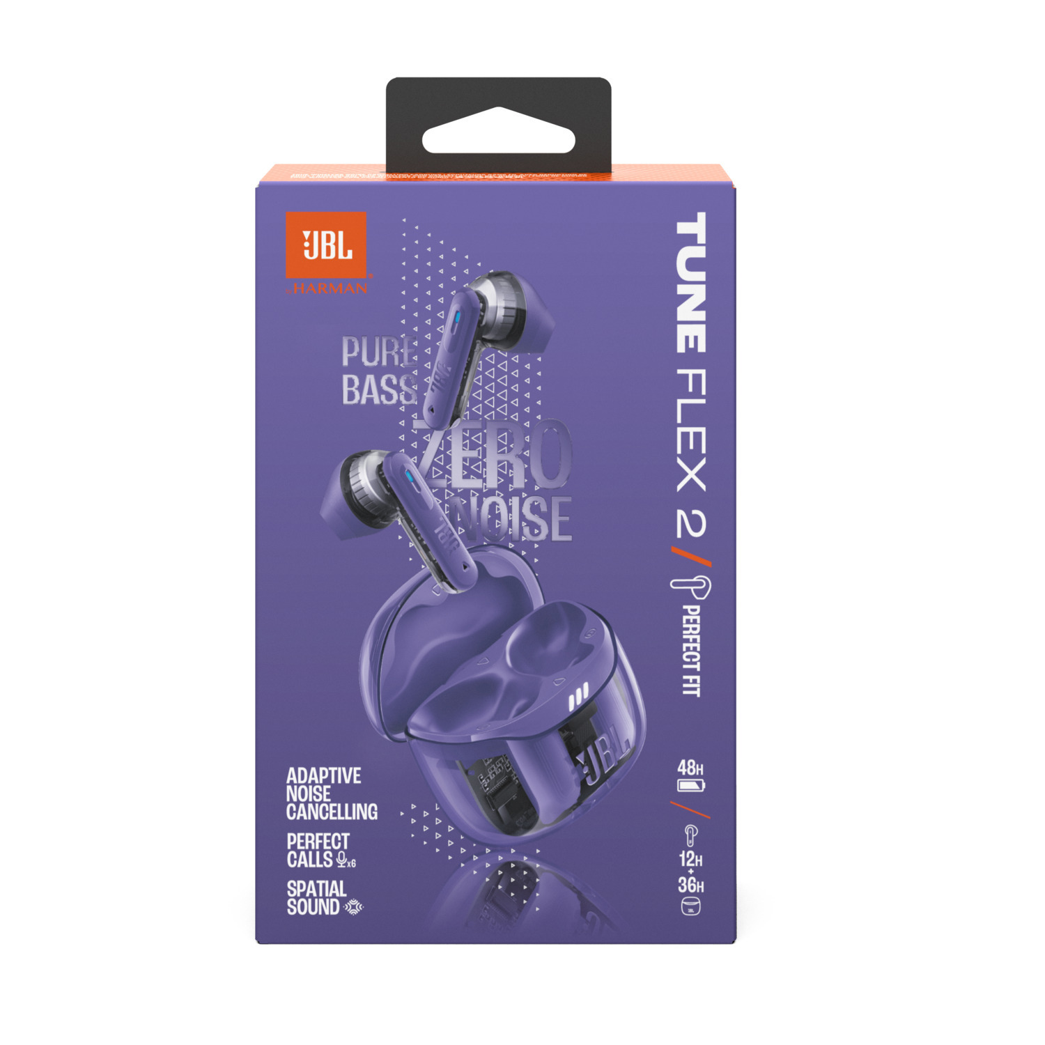 Earbuds in a purple box with the text 'TUNE FLEX 2' and product features.