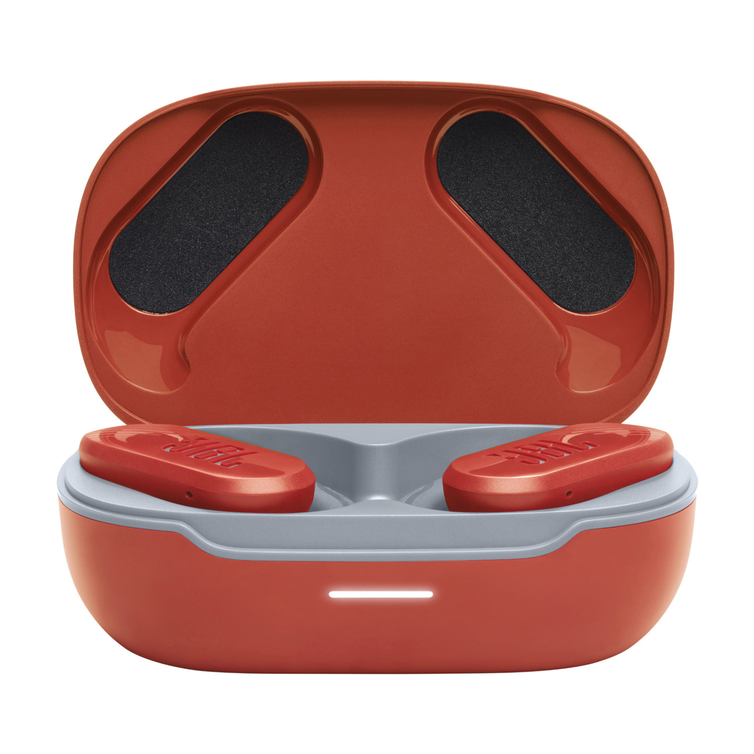 Orange JBL earbuds charging case, open. Red earbuds inside, with gray interior. White background.