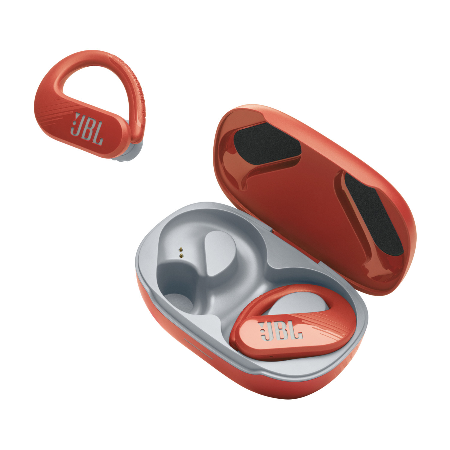 Red JBL earbuds and case. Earbud is in ear hook style. White background. Case is open.