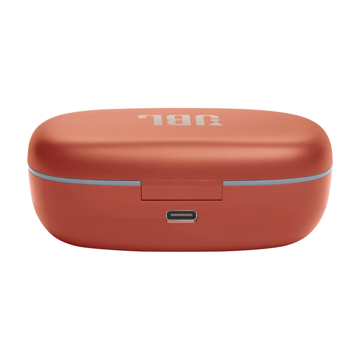 Orange JBL charging case. Oval shape, with the JBL logo and a USB-C port. Light grey border.