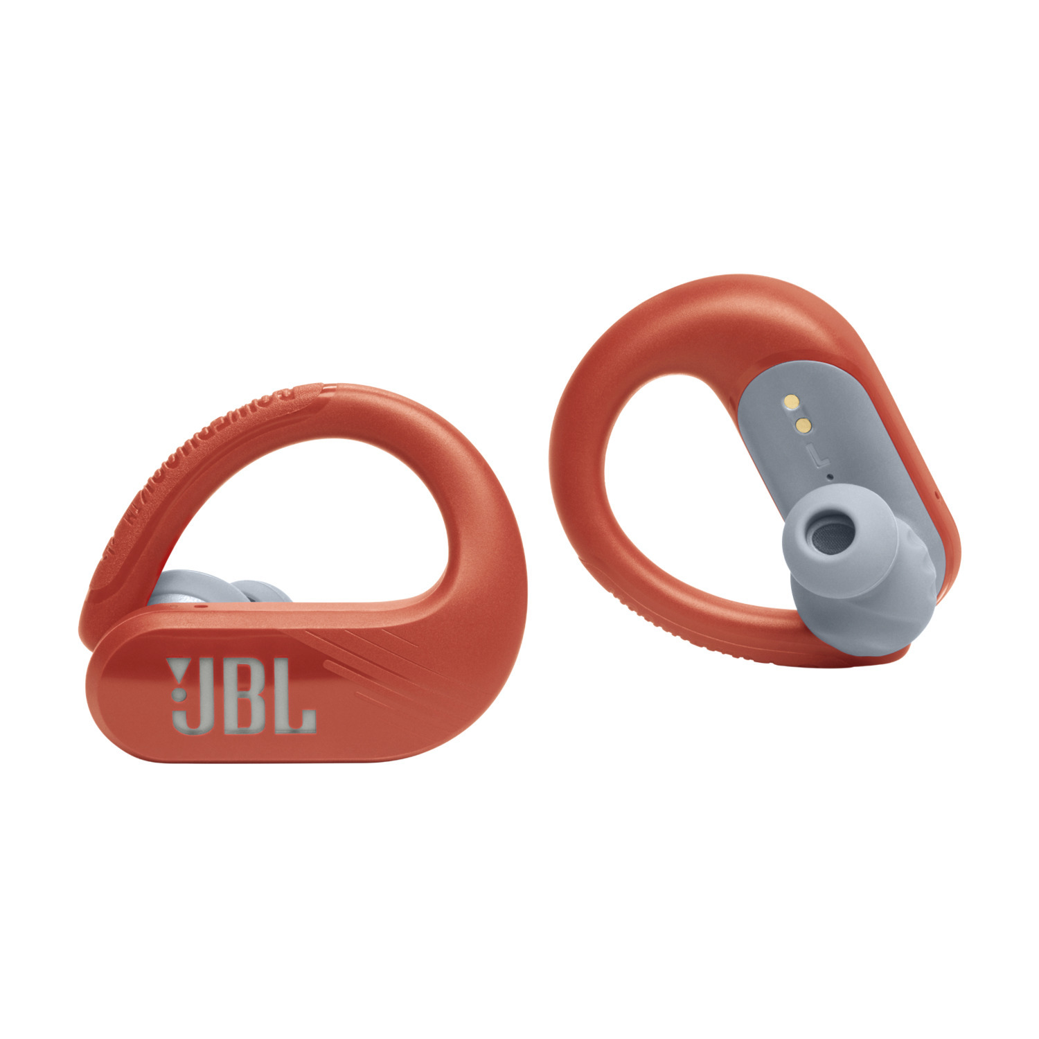 Two orange JBL earbuds. They have a hook design and a gray earbud tip.