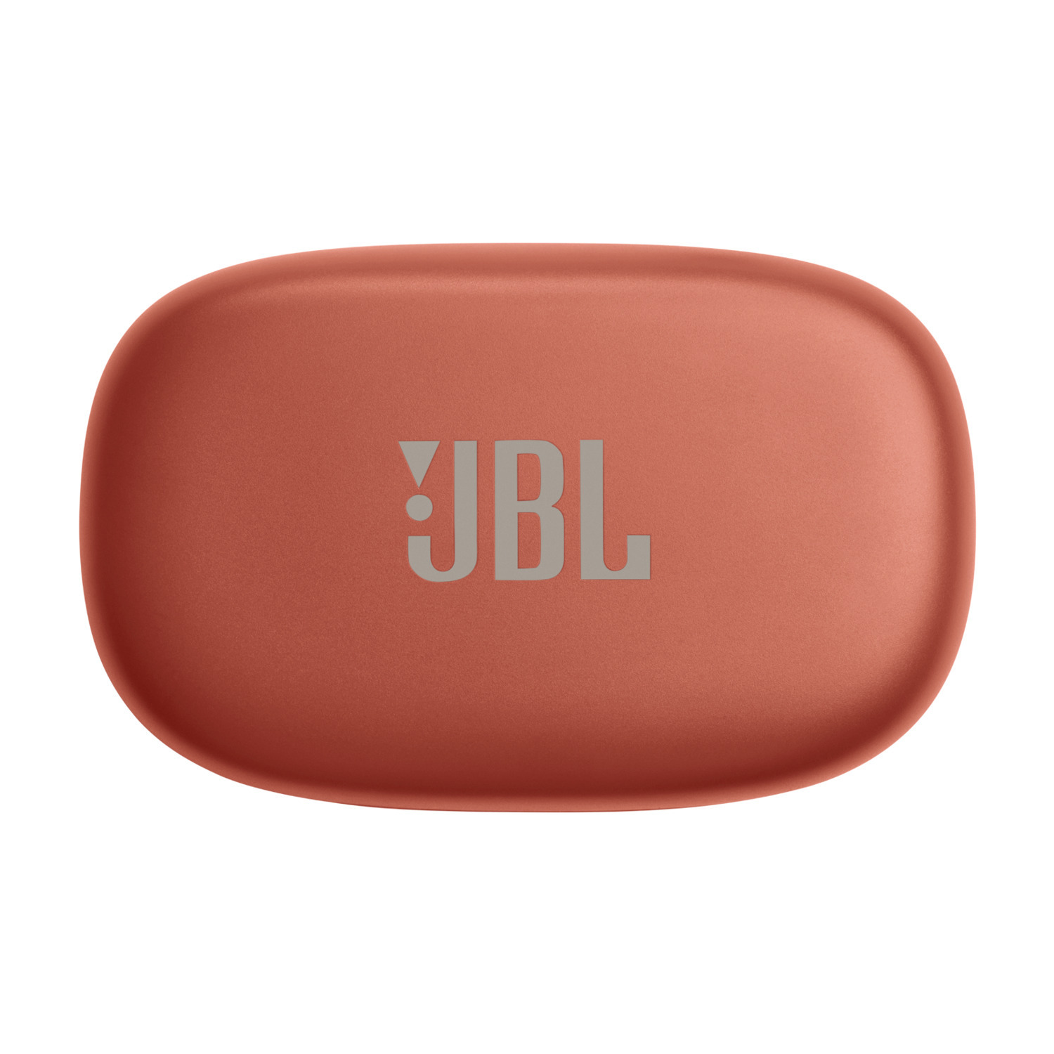 JBL earbud case, coral color. The JBL logo is visible on the case.