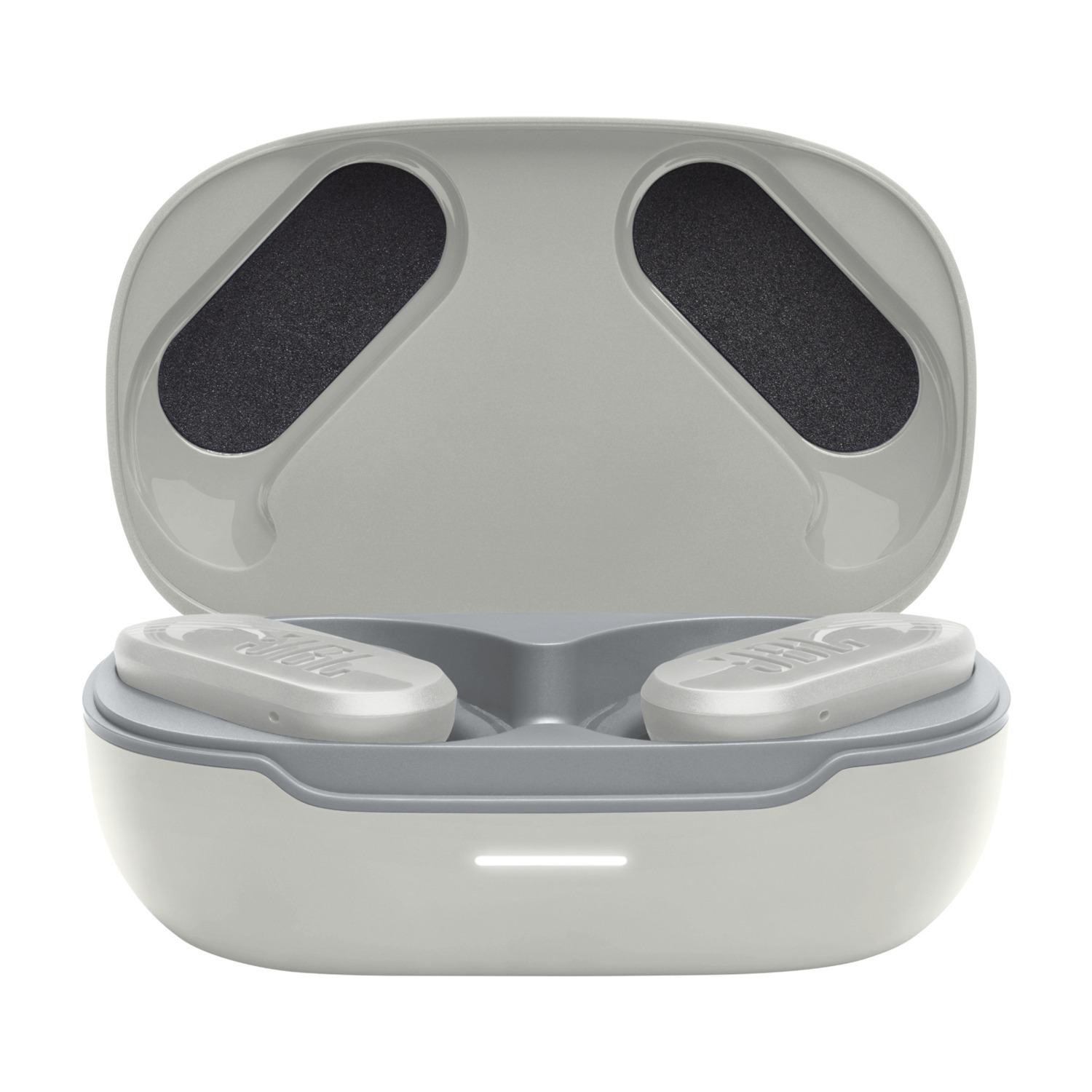 White charging case with two white JBL earbuds inside. Gray accents. Case is open.