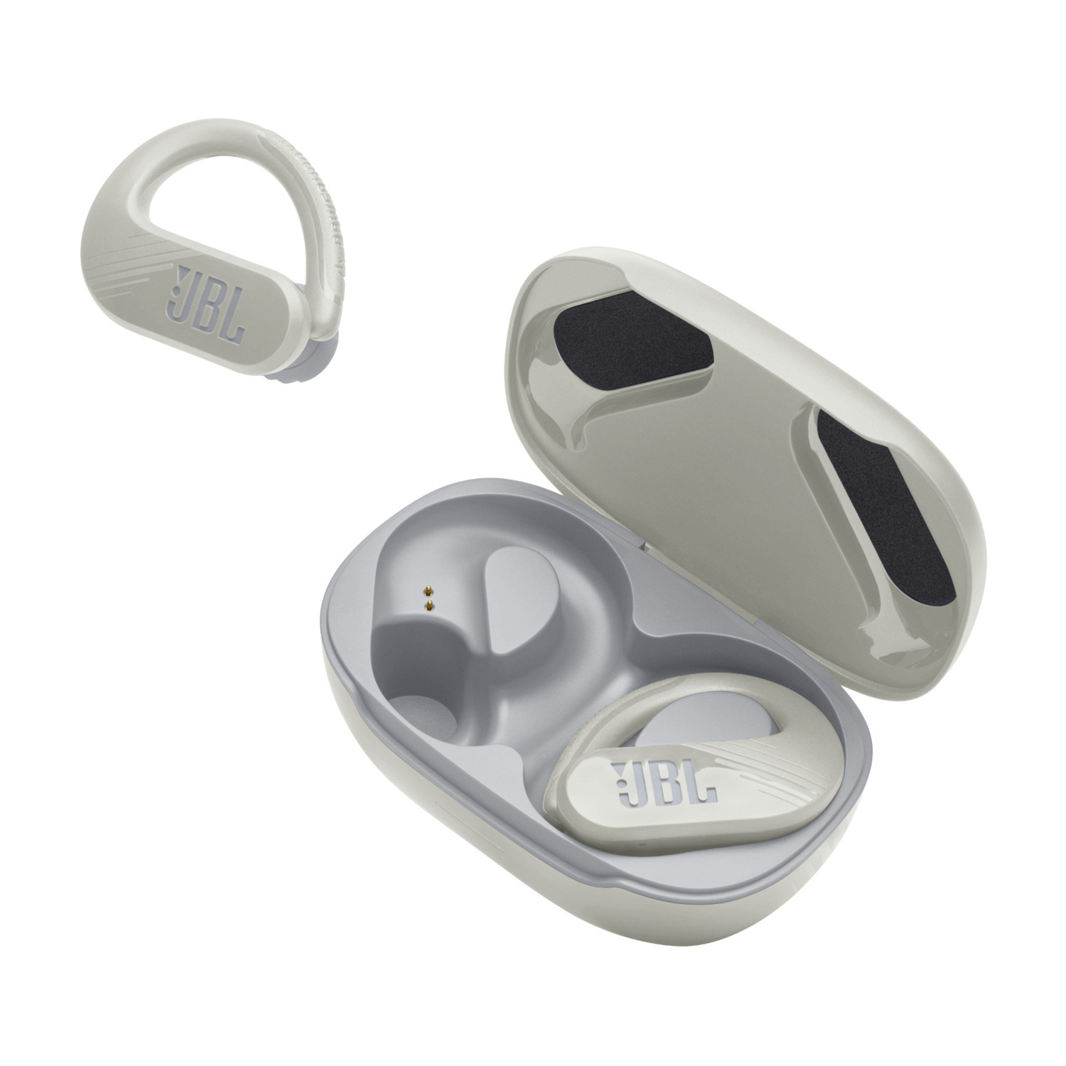 White and gray JBL wireless earbuds and charging case. Earbud on the left, case to the right.