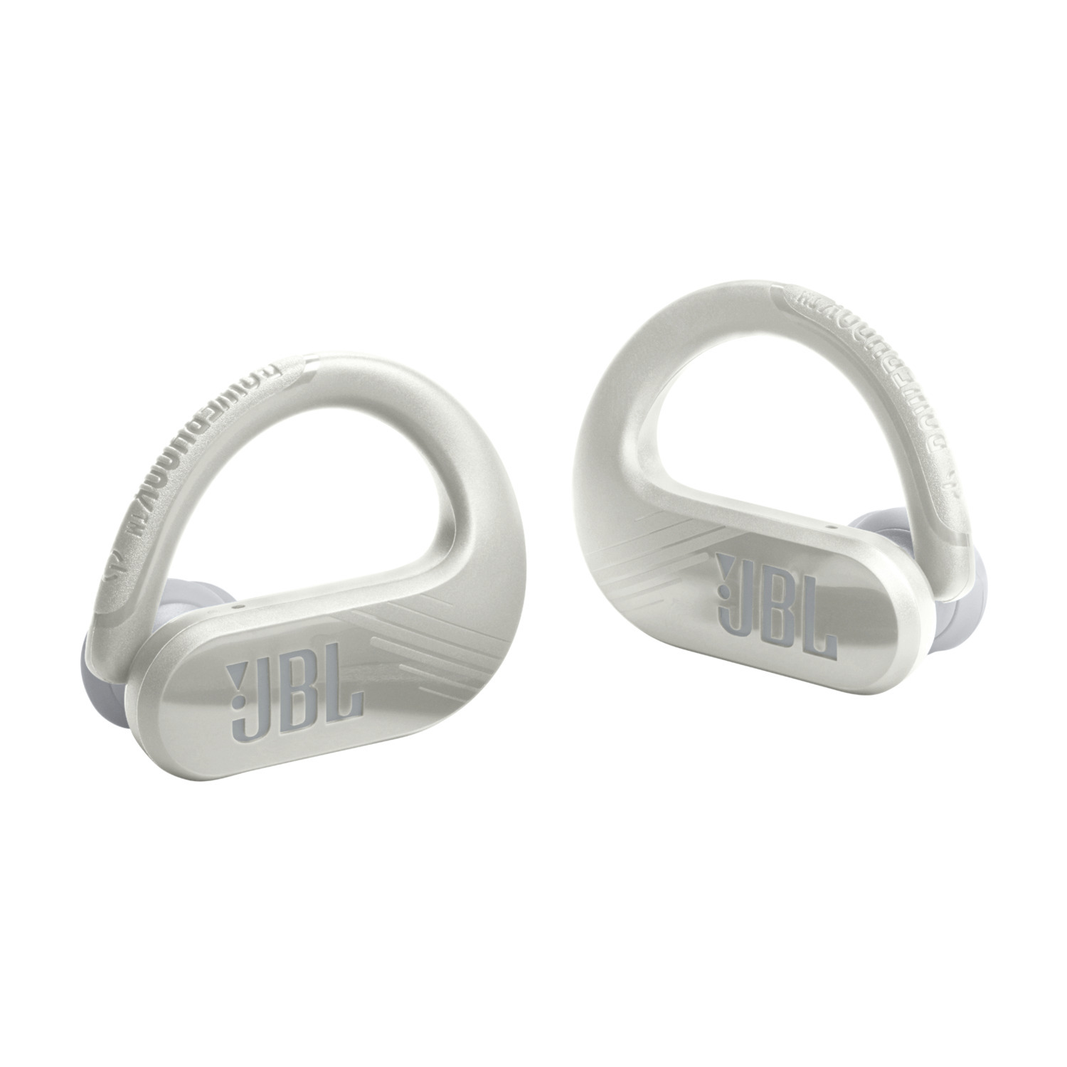 Two white JBL earphone pieces. Each has a curved design with the JBL logo.