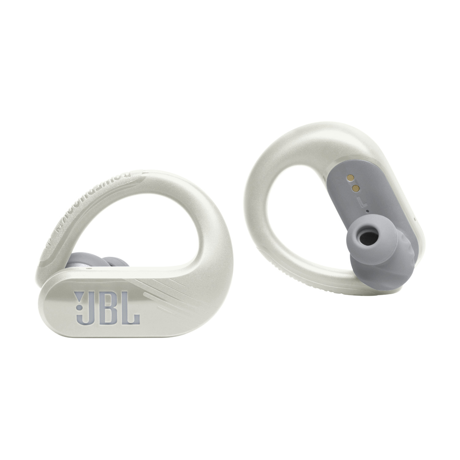 White and gray JBL headphones with ear hooks, angled towards the viewer on a white background.