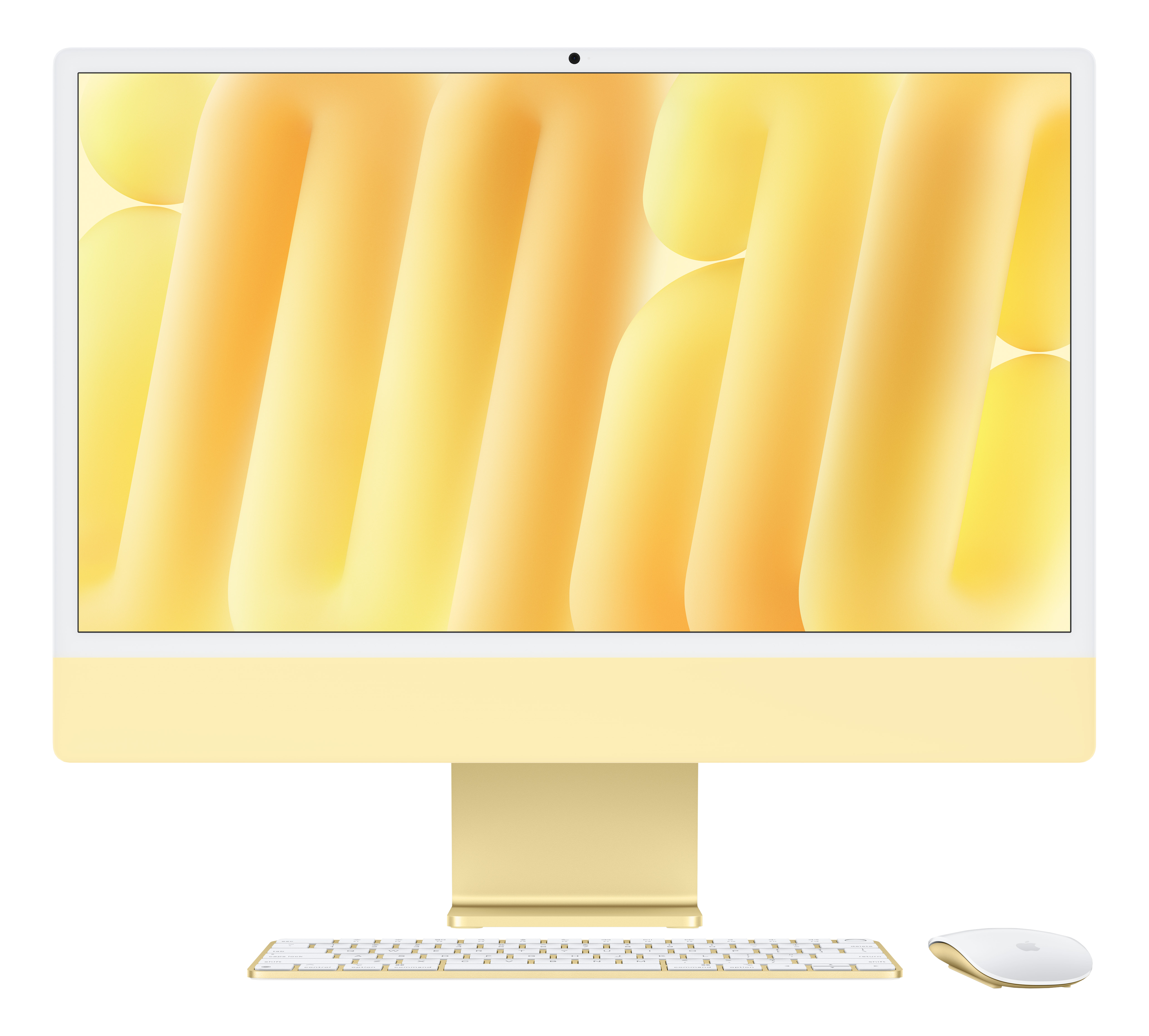 iMac giallo con tastiera e mouse bianchi su sfondo nero.
